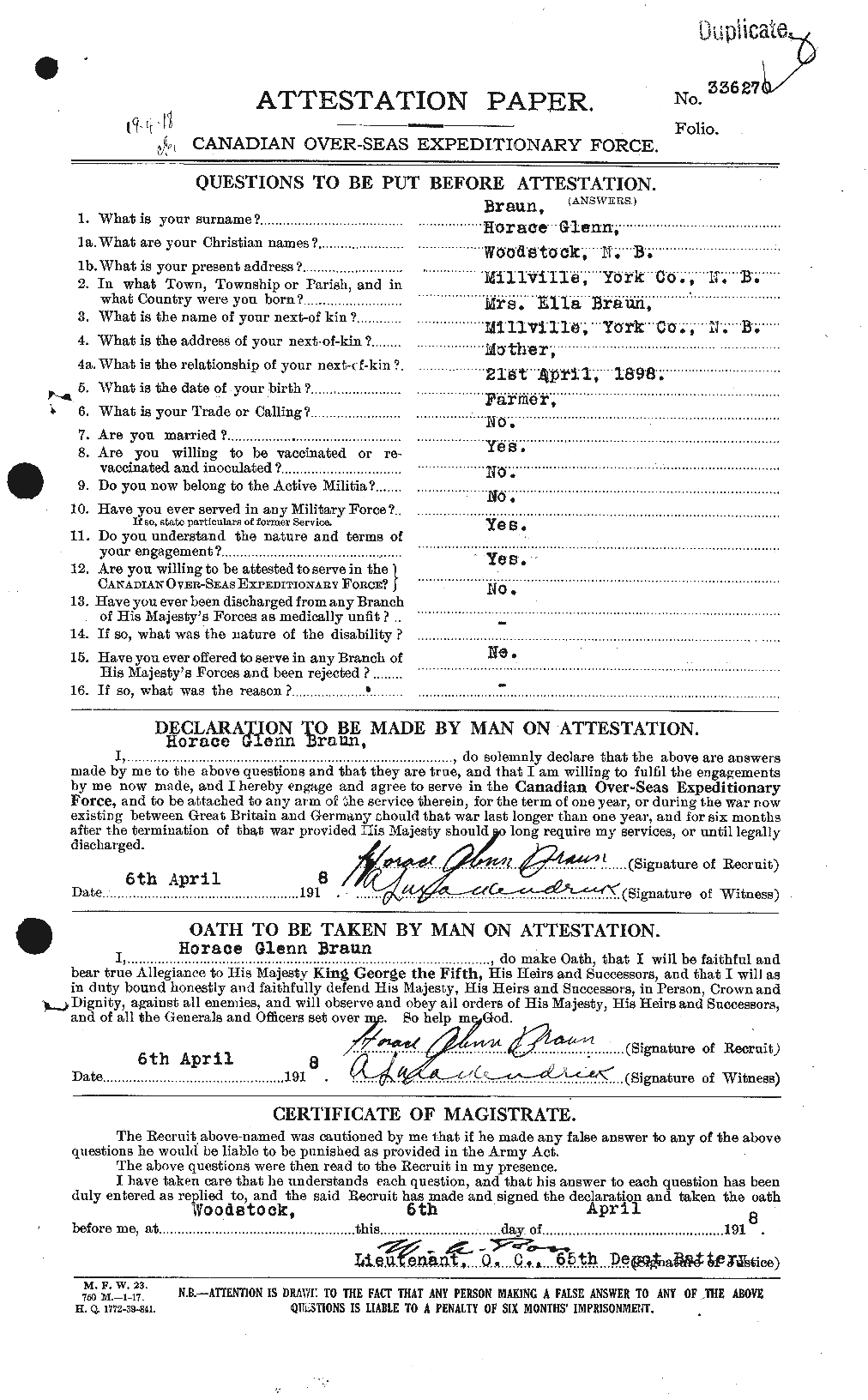 Dossiers du Personnel de la Première Guerre mondiale - CEC 260624a
