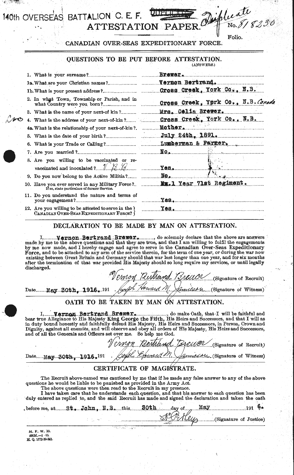 Dossiers du Personnel de la Première Guerre mondiale - CEC 260817a