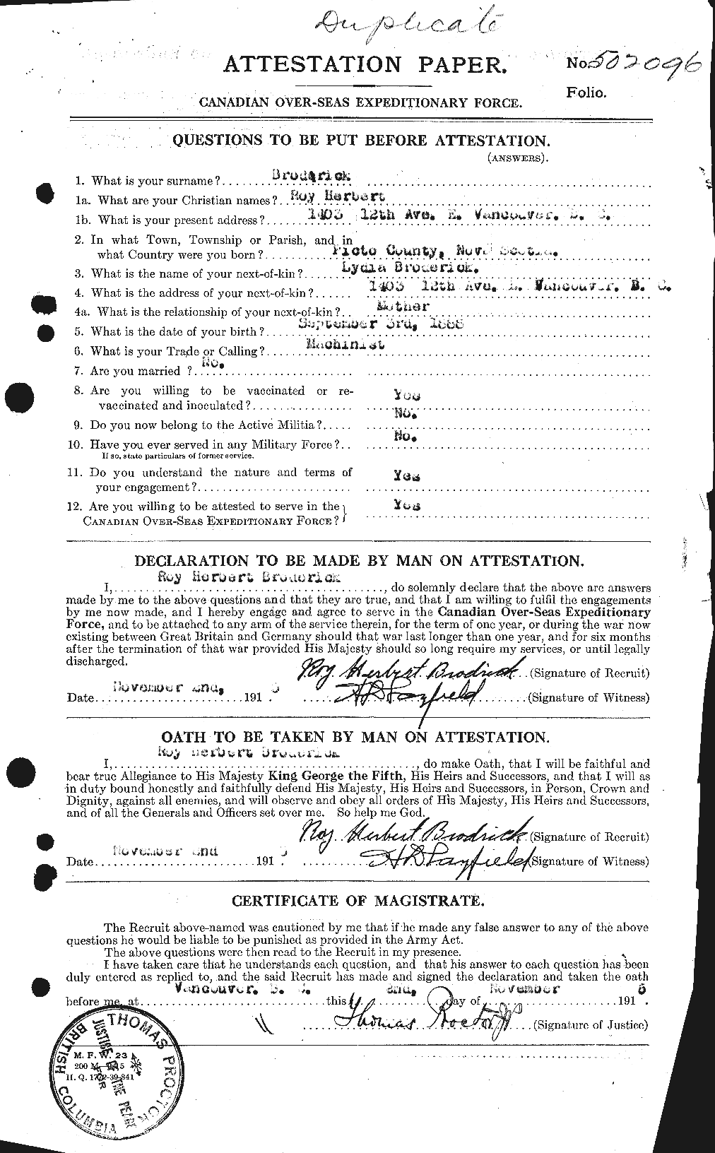 Personnel Records of the First World War - CEF 260992a