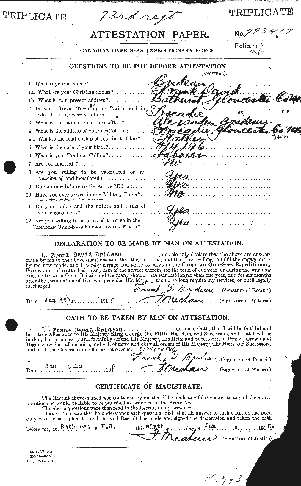 Dossiers du Personnel de la Première Guerre mondiale - CEC 261259a