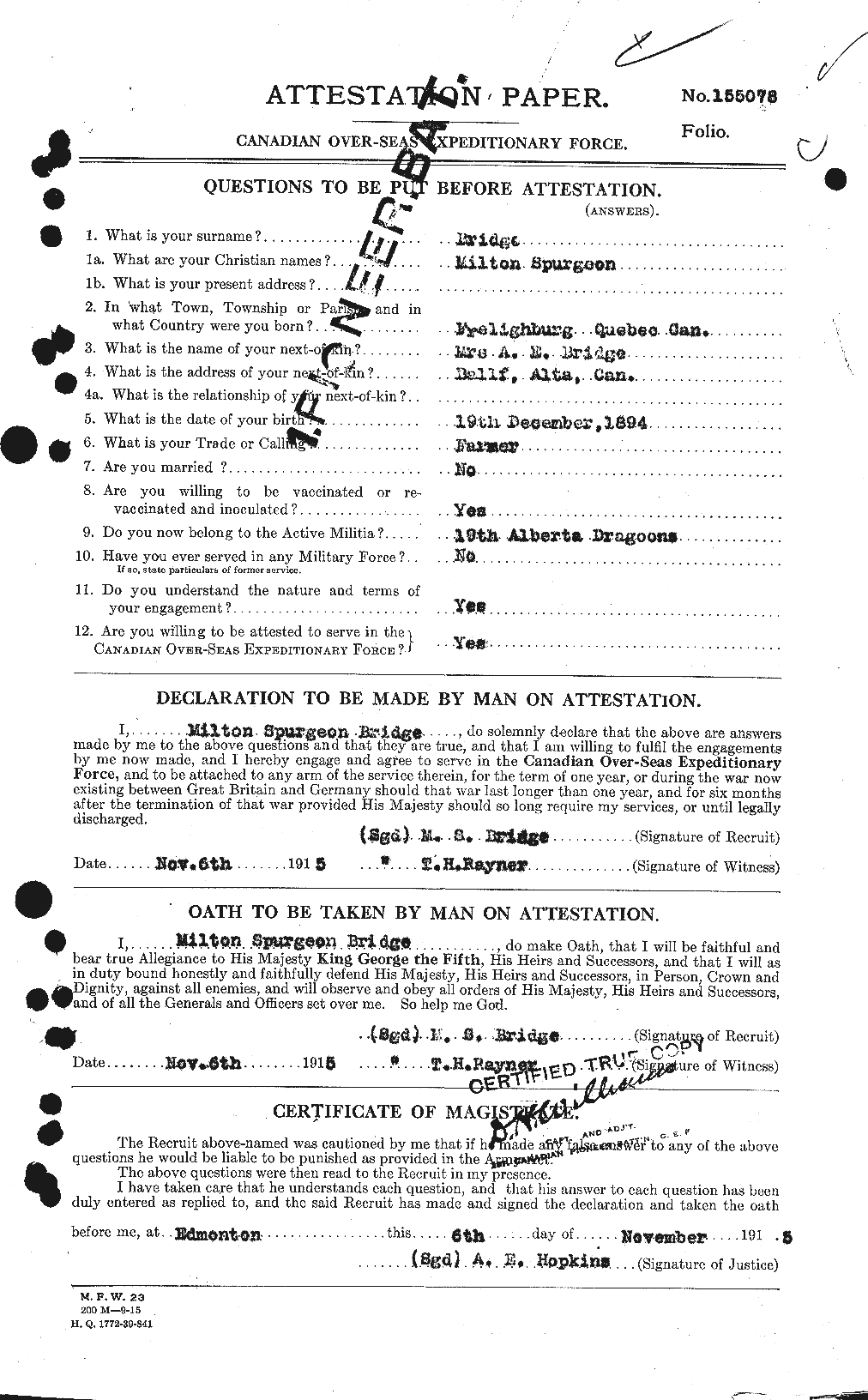 Dossiers du Personnel de la Première Guerre mondiale - CEC 261340a