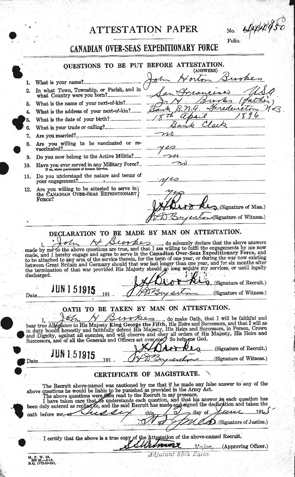 Dossiers du Personnel de la Première Guerre mondiale - CEC 261385a