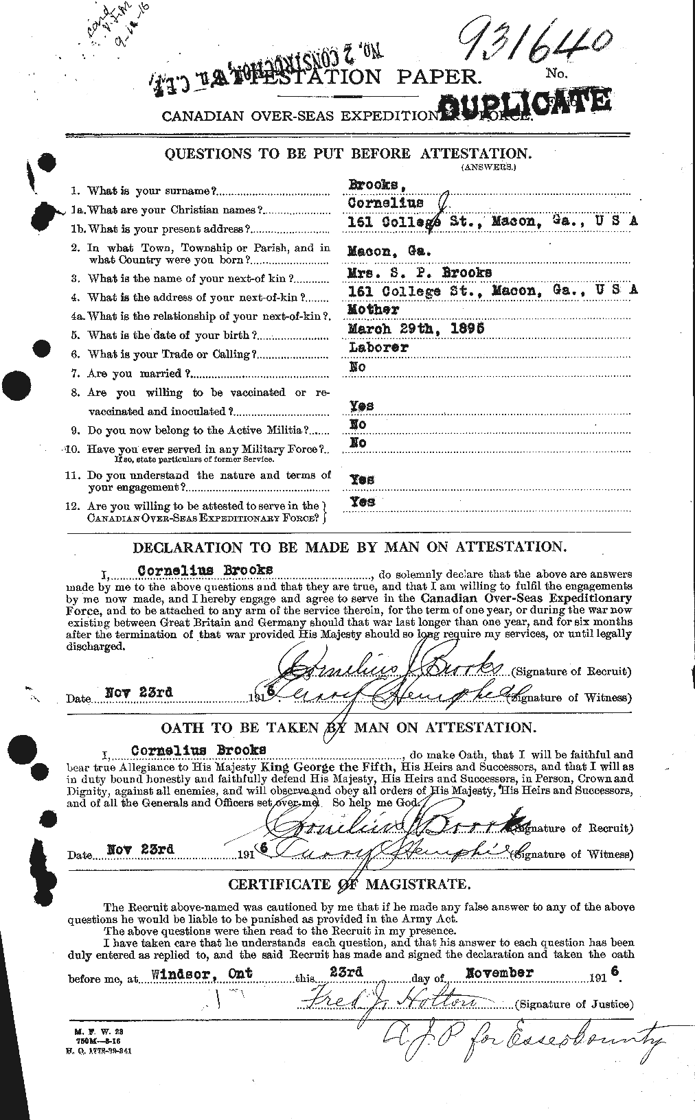 Dossiers du Personnel de la Première Guerre mondiale - CEC 261548a