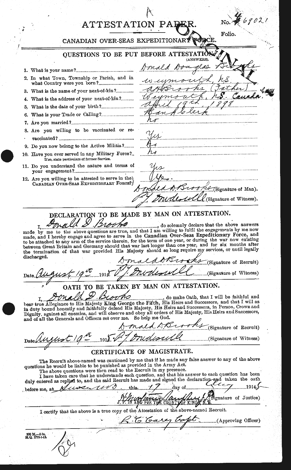 Dossiers du Personnel de la Première Guerre mondiale - CEC 261556a