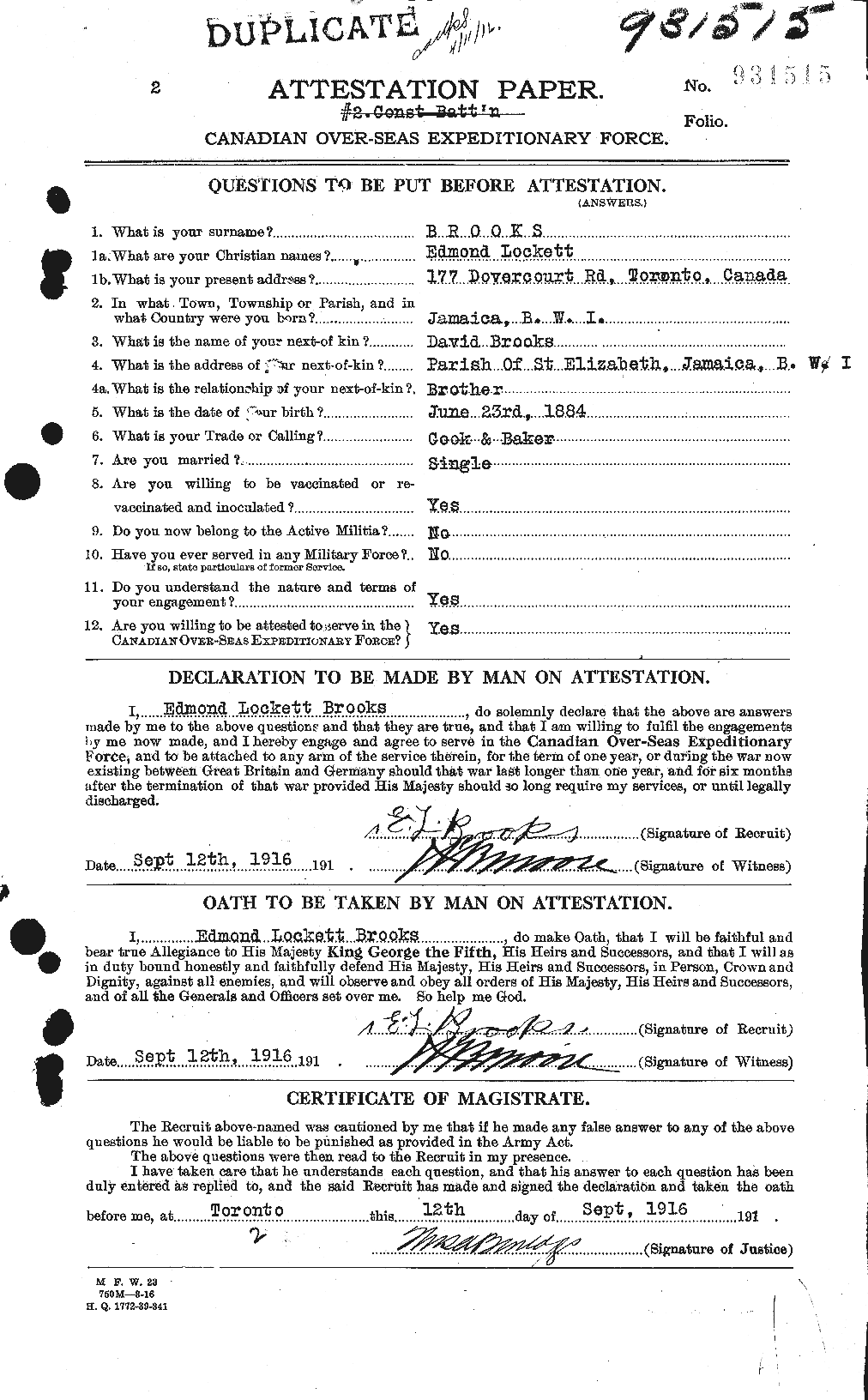 Dossiers du Personnel de la Première Guerre mondiale - CEC 261564a