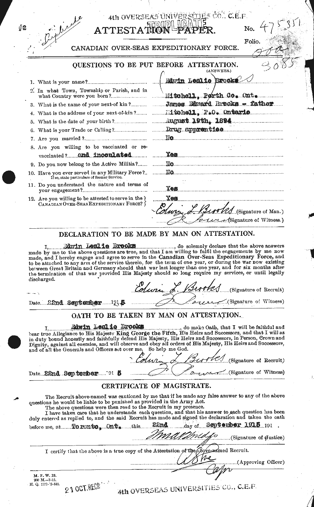 Personnel Records of the First World War - CEF 261582a