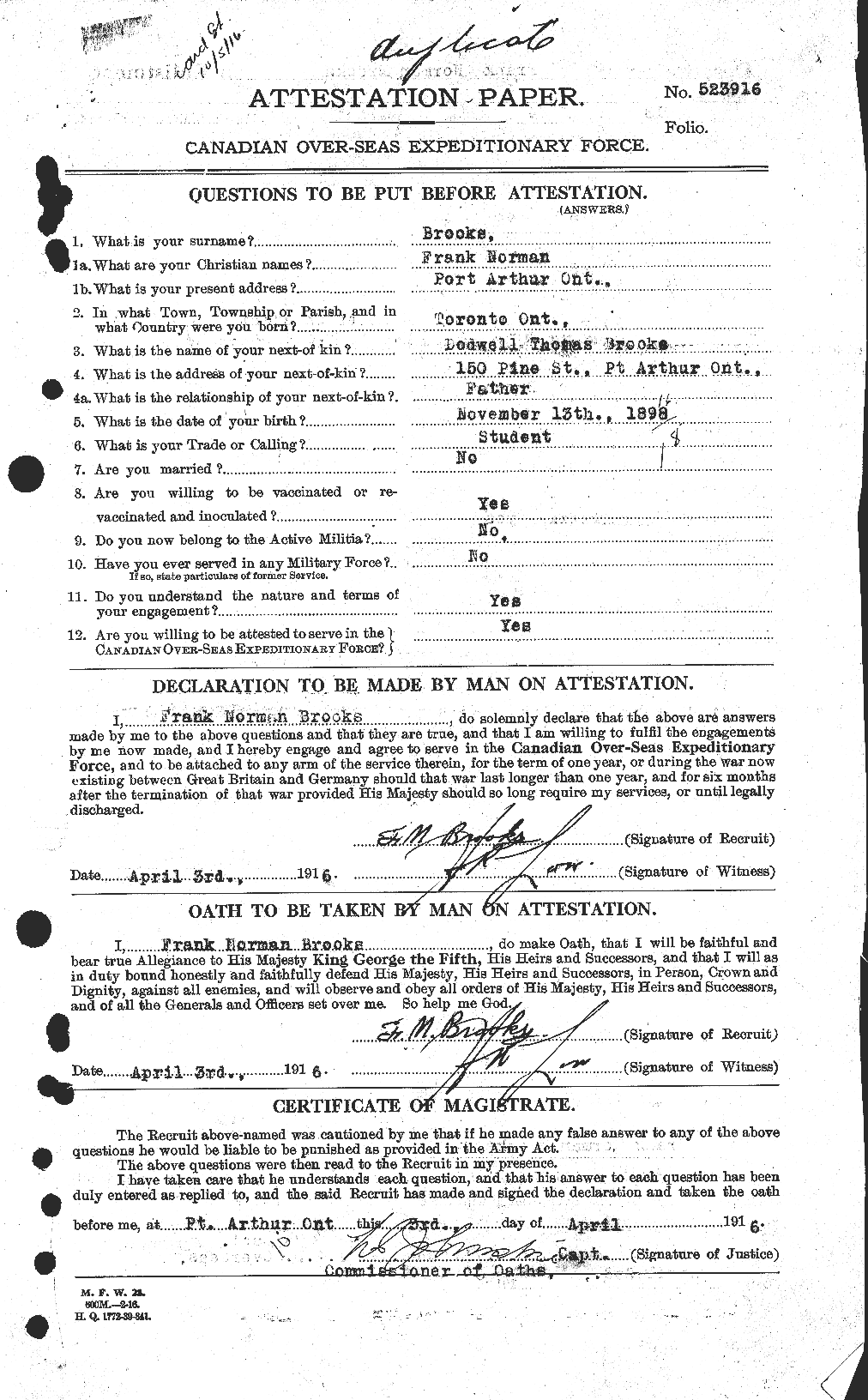 Dossiers du Personnel de la Première Guerre mondiale - CEC 261613a