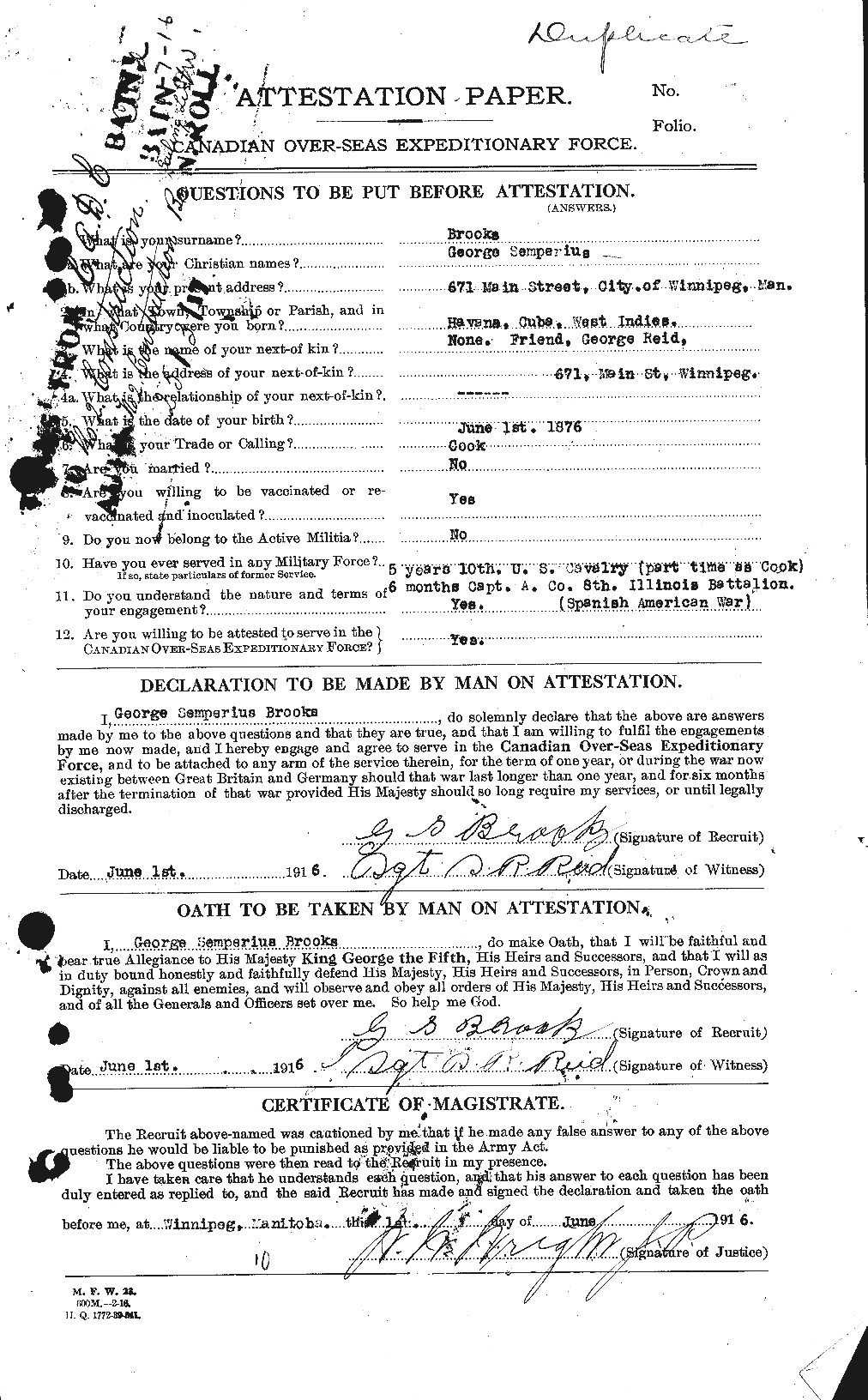 Dossiers du Personnel de la Première Guerre mondiale - CEC 261663a