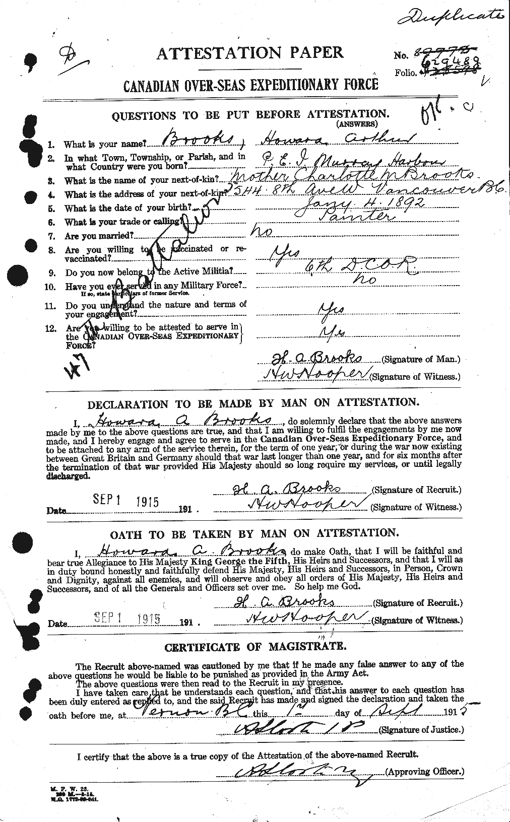 Dossiers du Personnel de la Première Guerre mondiale - CEC 261716a