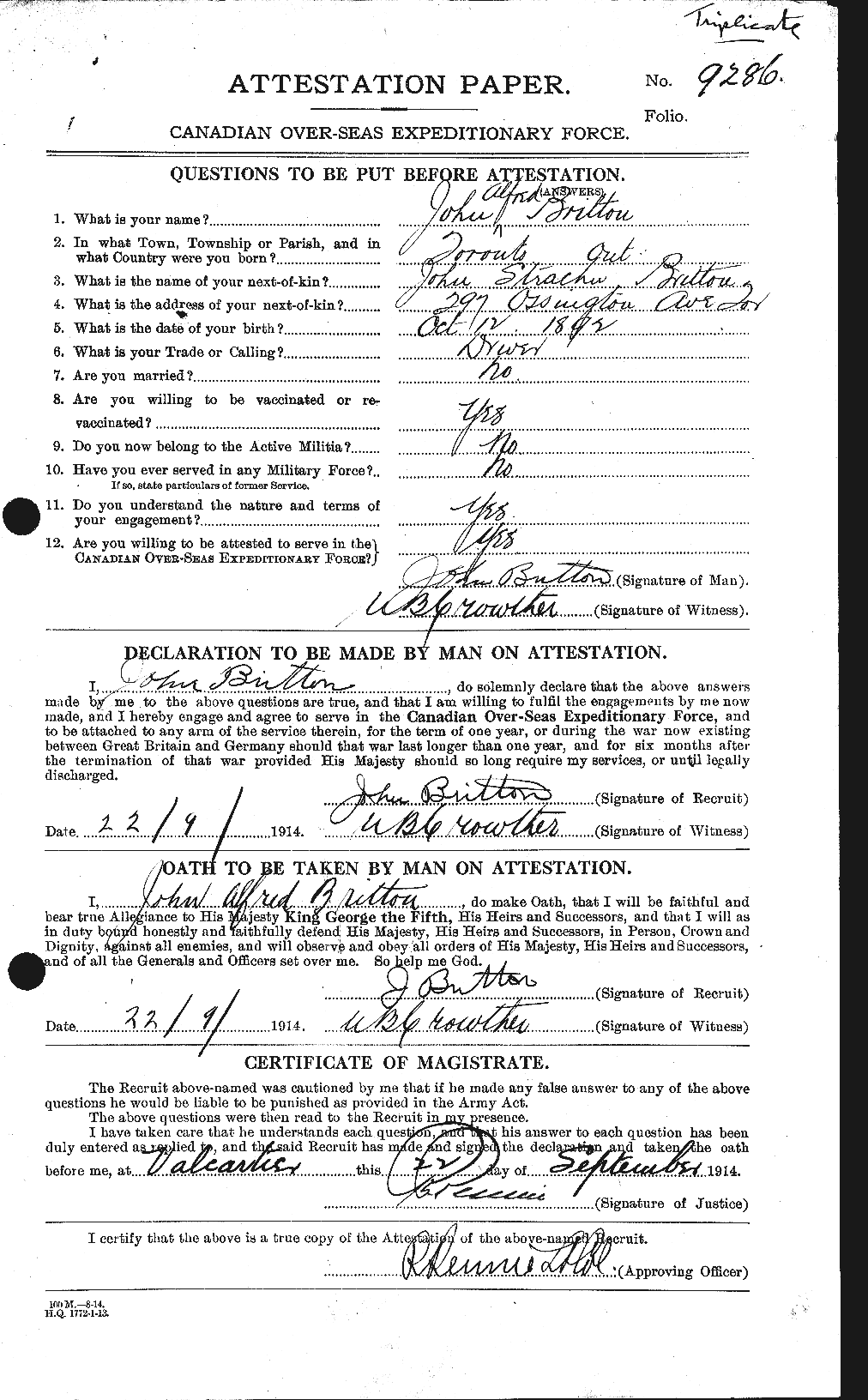 Dossiers du Personnel de la Première Guerre mondiale - CEC 261946a