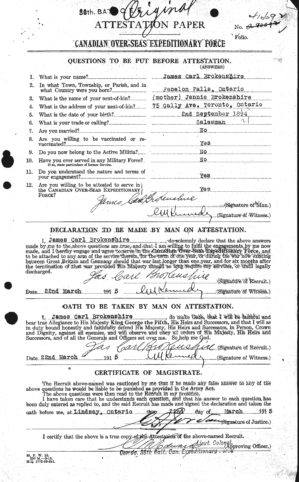 Dossiers du Personnel de la Première Guerre mondiale - CEC 262102a