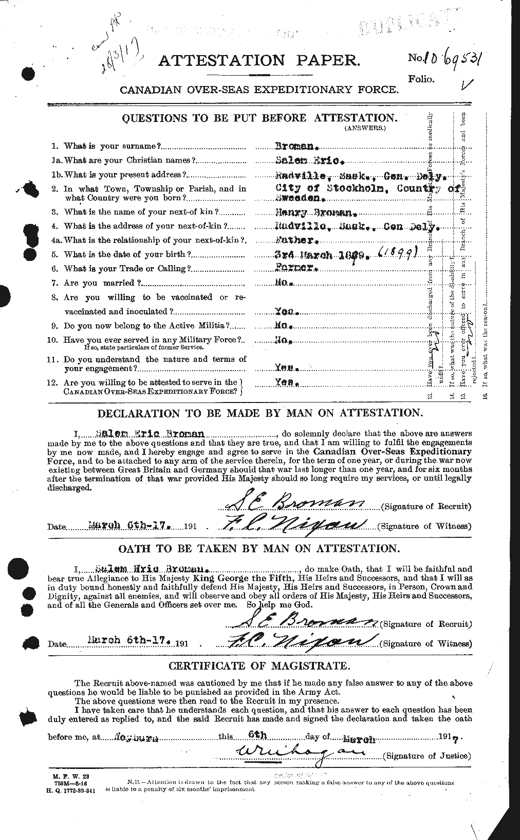 Dossiers du Personnel de la Première Guerre mondiale - CEC 262124a