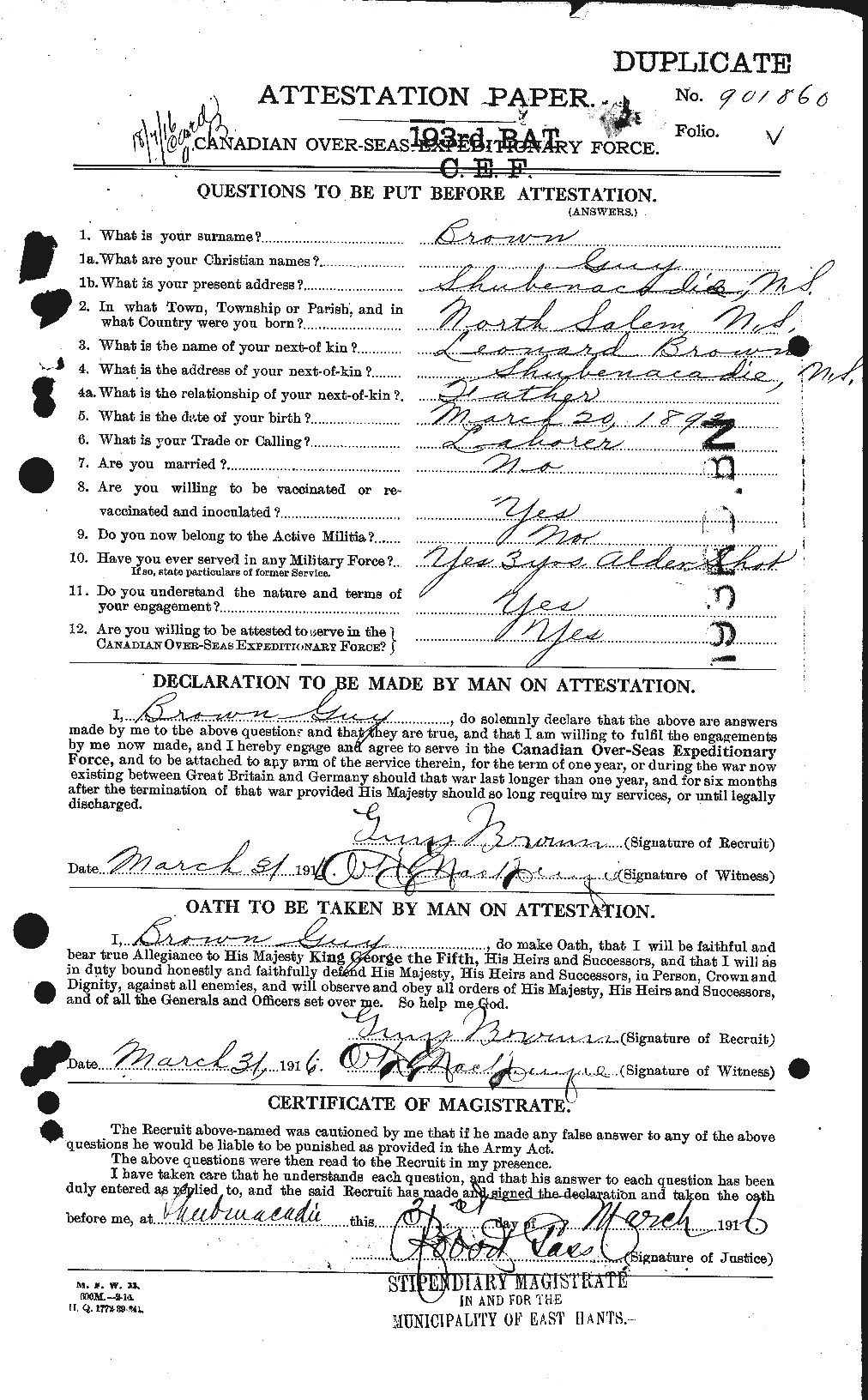 Dossiers du Personnel de la Première Guerre mondiale - CEC 262653a