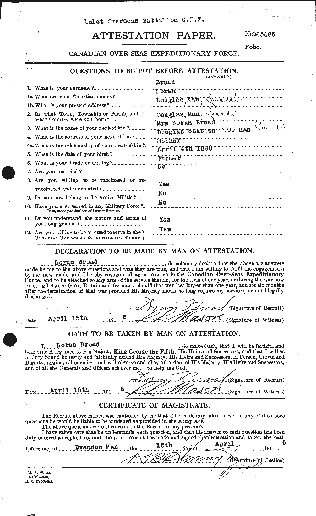 Dossiers du Personnel de la Première Guerre mondiale - CEC 262914a
