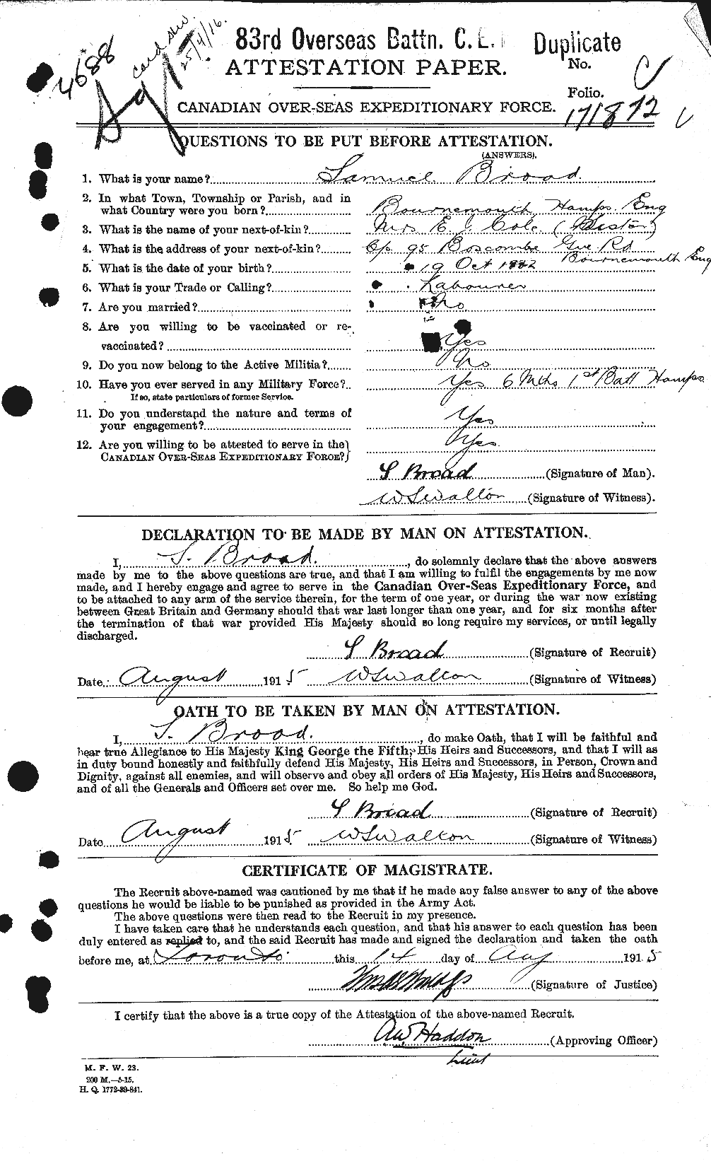 Personnel Records of the First World War - CEF 262923a