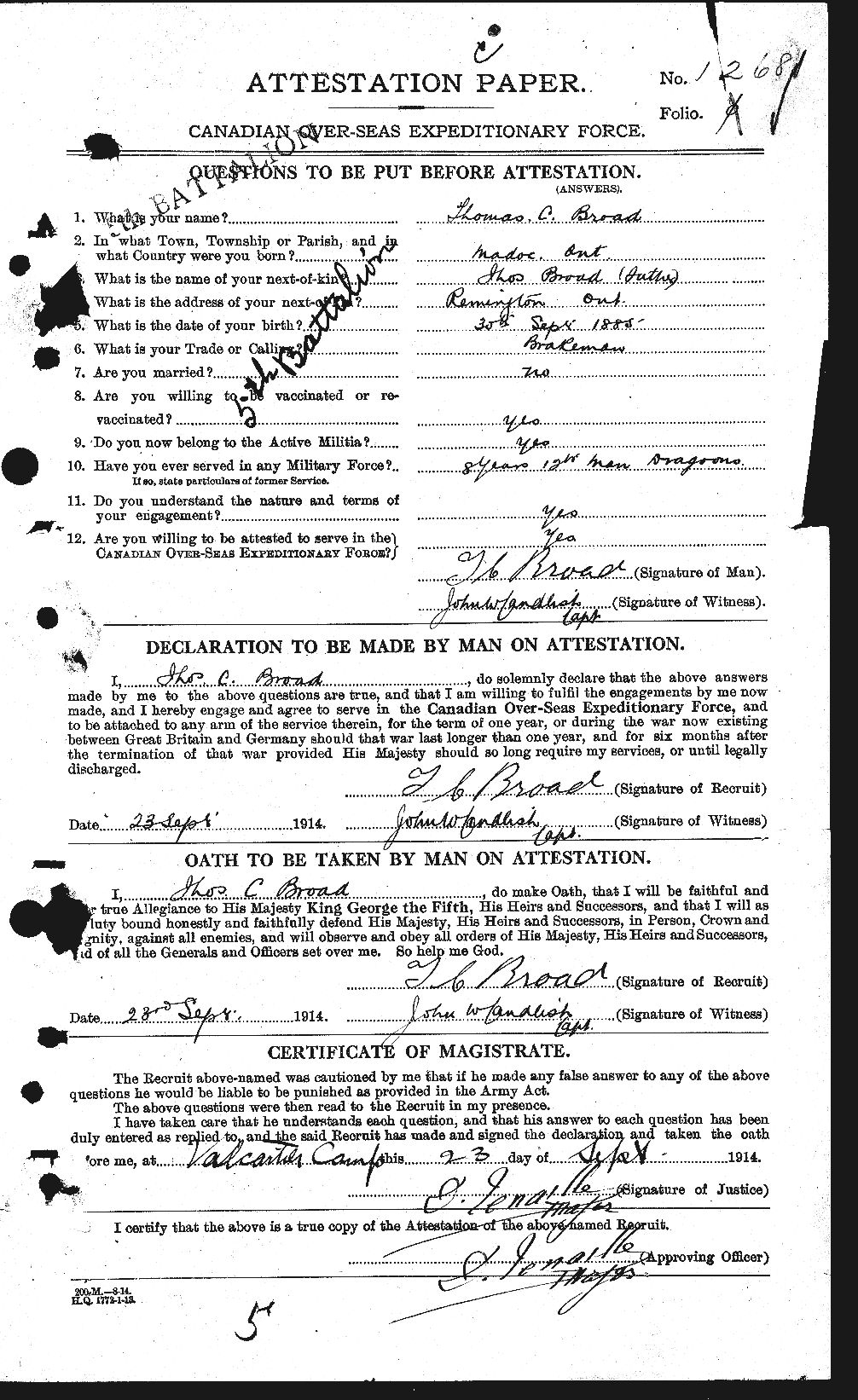 Dossiers du Personnel de la Première Guerre mondiale - CEC 262924a