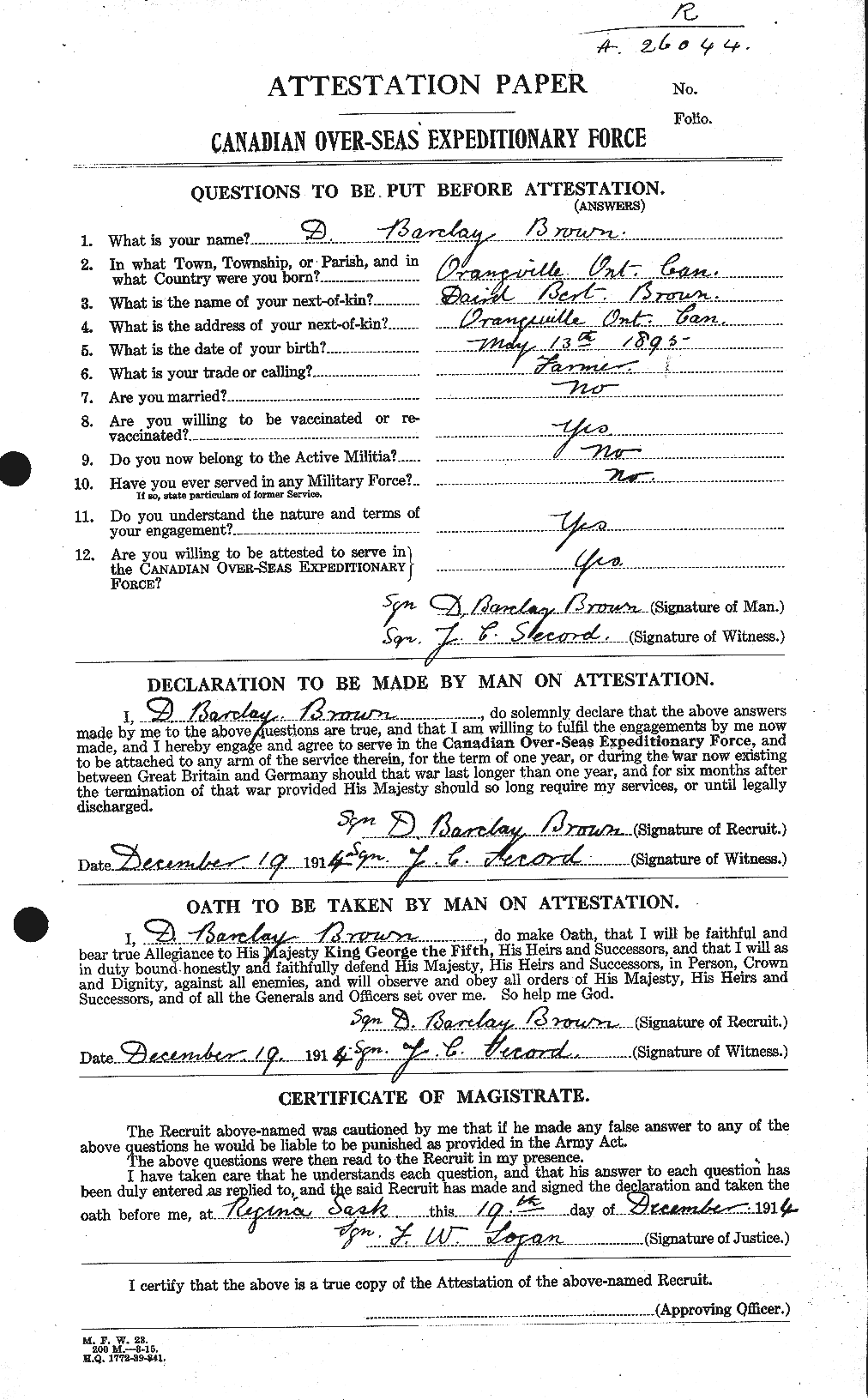 Dossiers du Personnel de la Première Guerre mondiale - CEC 263235a