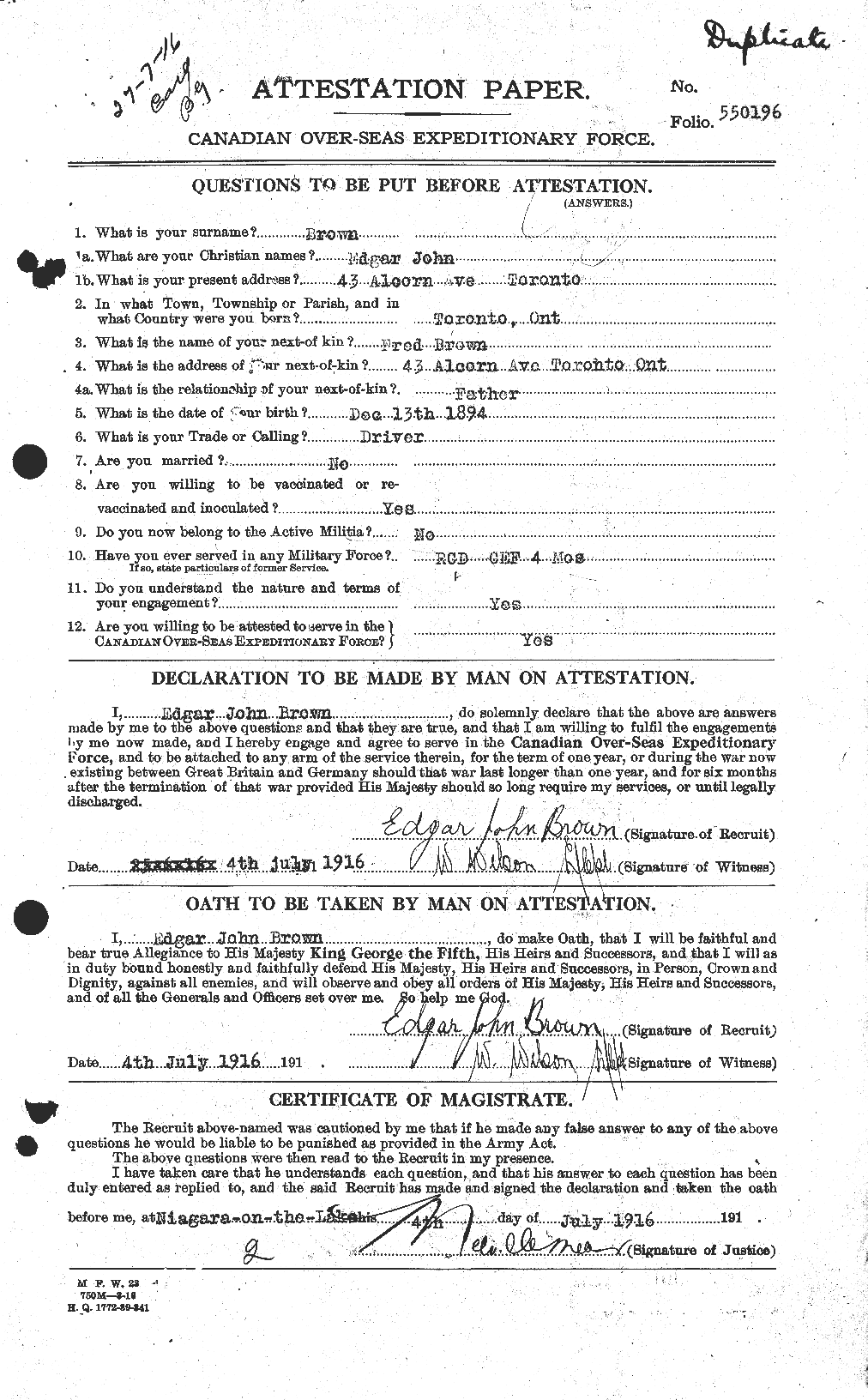Dossiers du Personnel de la Première Guerre mondiale - CEC 263318a