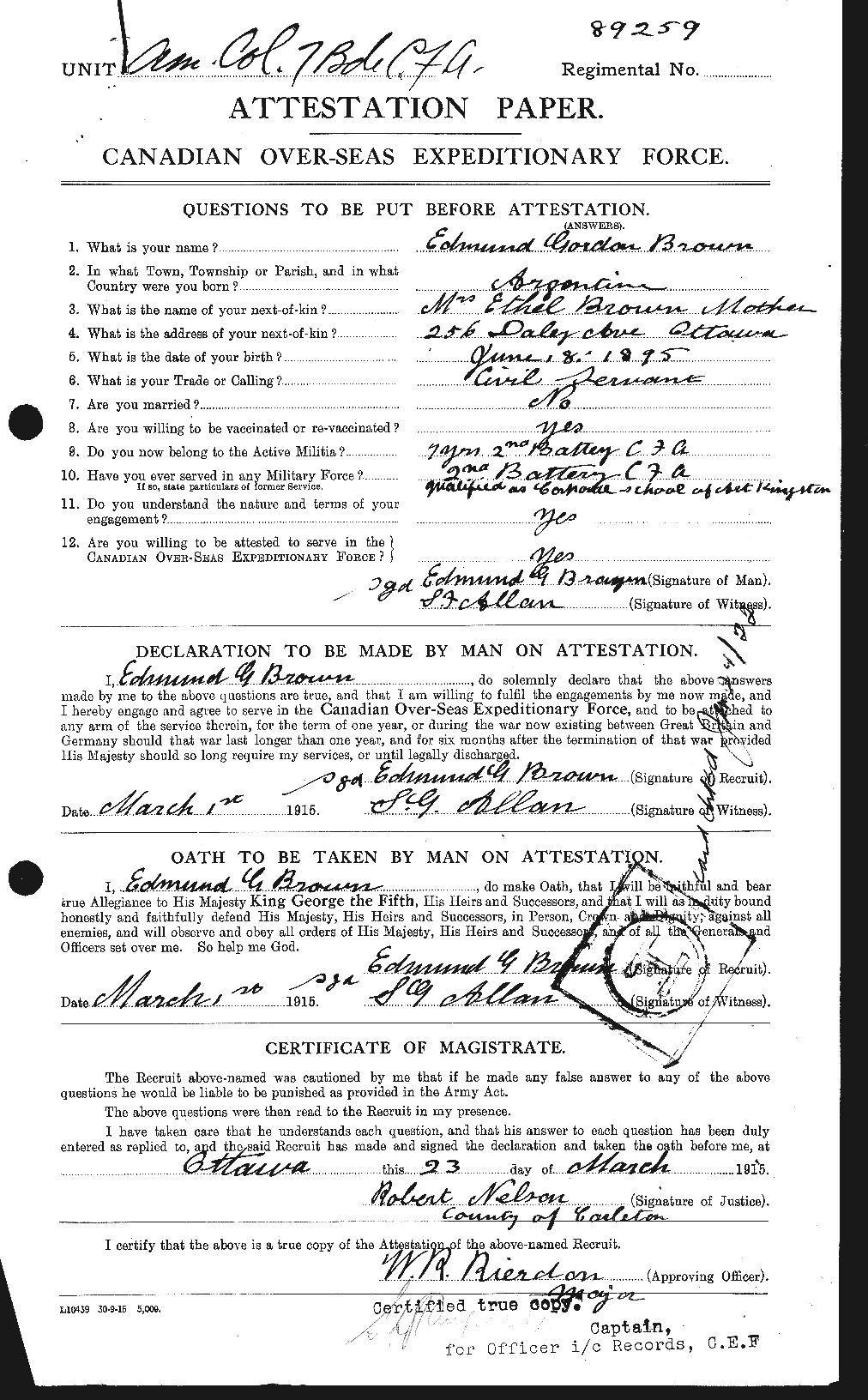 Dossiers du Personnel de la Première Guerre mondiale - CEC 263328a