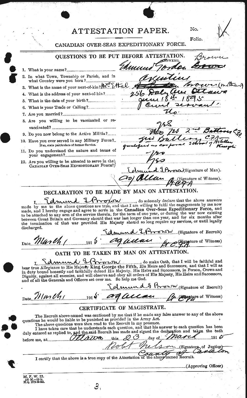 Dossiers du Personnel de la Première Guerre mondiale - CEC 263329a