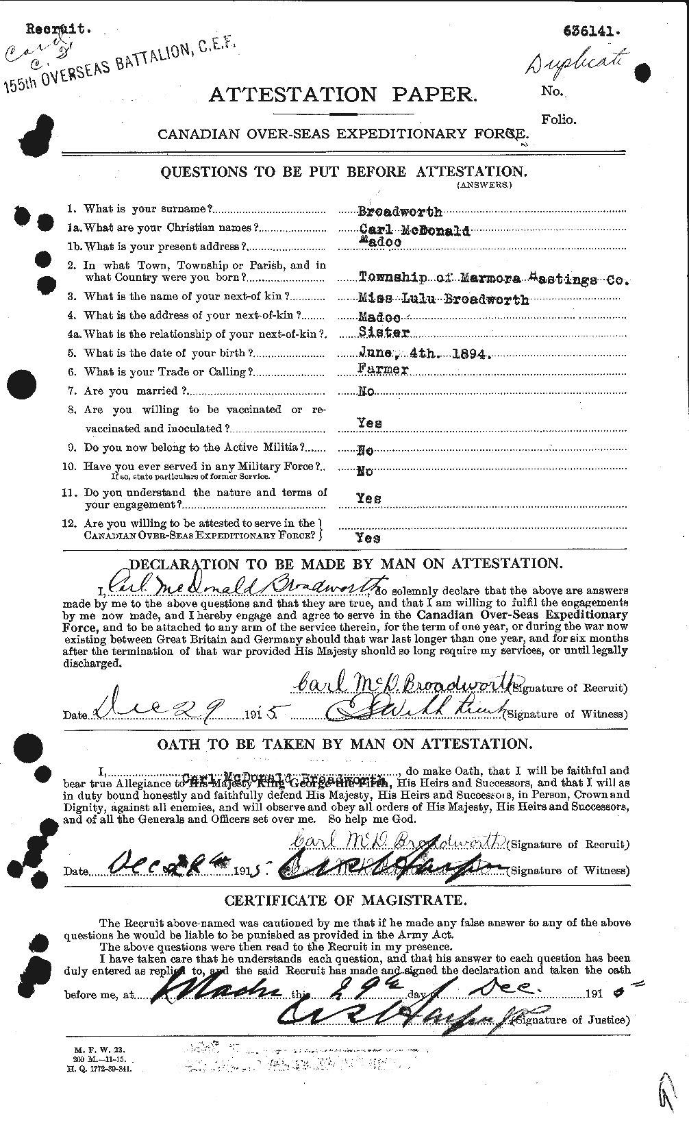 Dossiers du Personnel de la Première Guerre mondiale - CEC 263834a