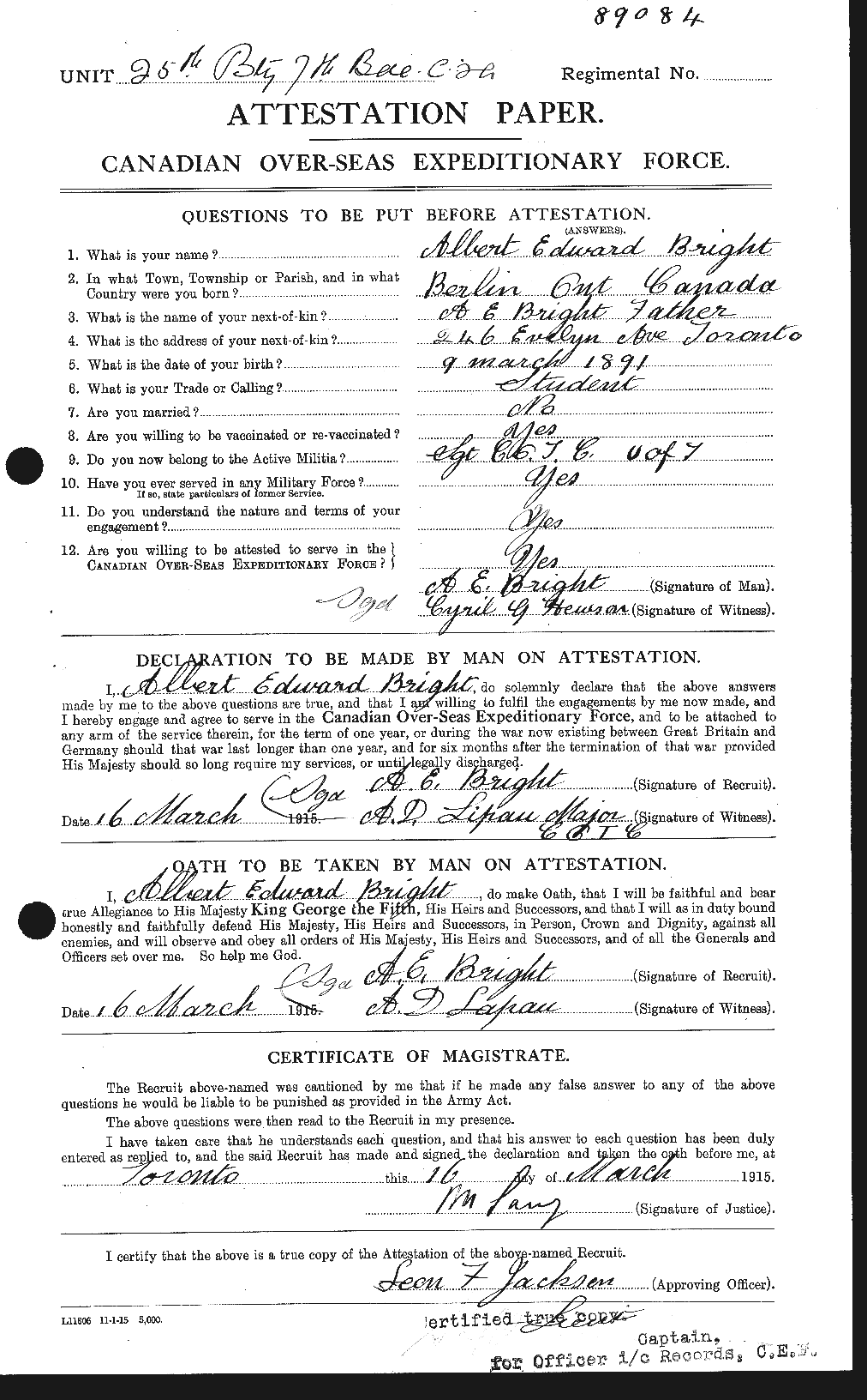 Dossiers du Personnel de la Première Guerre mondiale - CEC 264144a