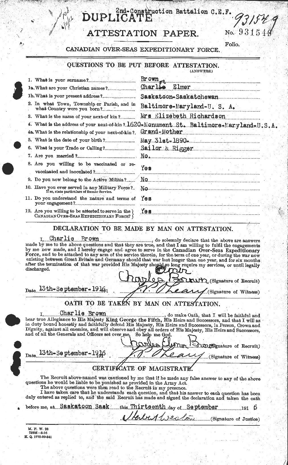 Dossiers du Personnel de la Première Guerre mondiale - CEC 264407a