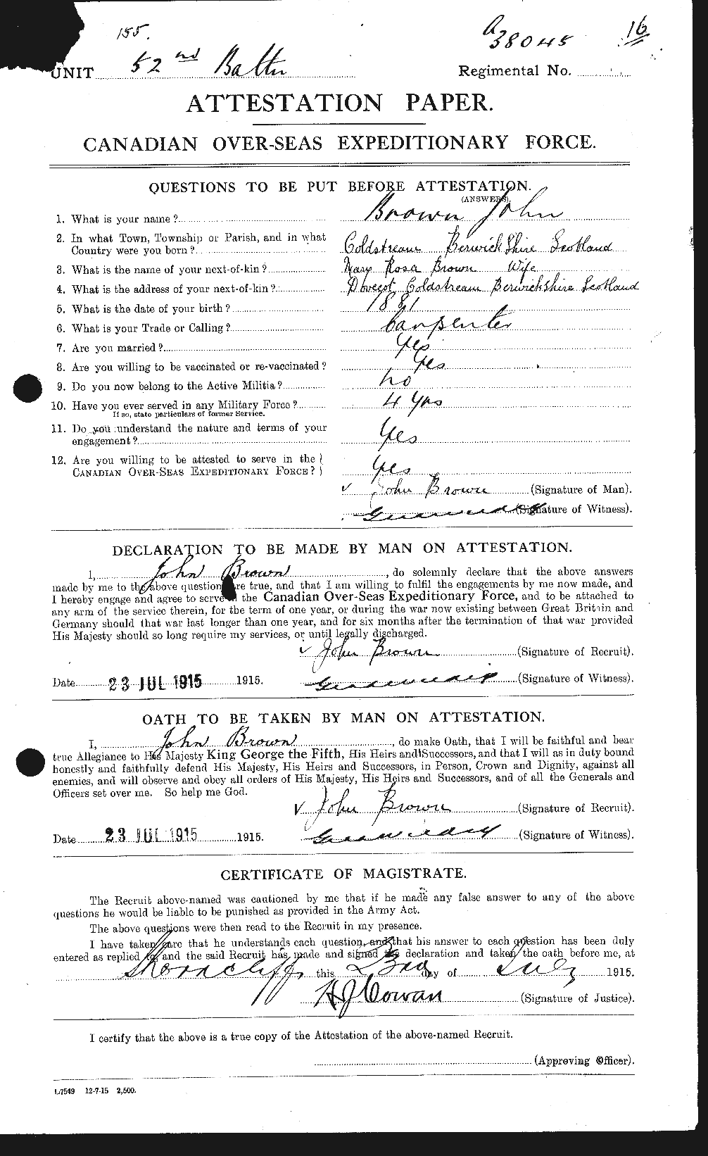 Dossiers du Personnel de la Première Guerre mondiale - CEC 264531a