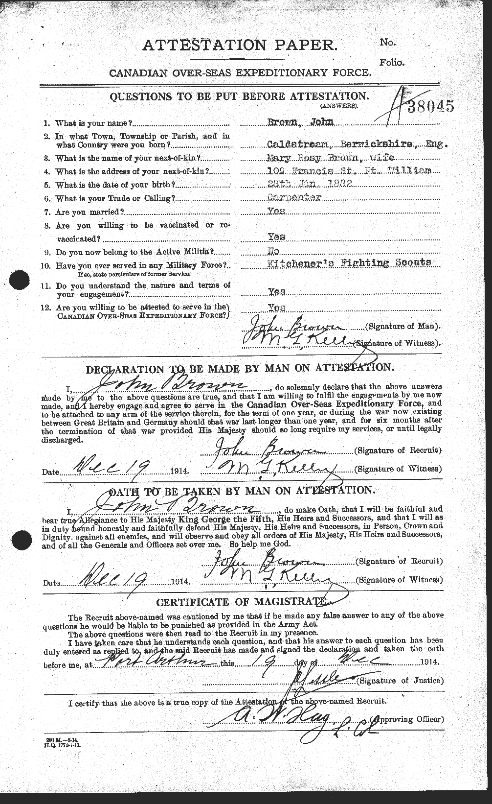 Dossiers du Personnel de la Première Guerre mondiale - CEC 264532a