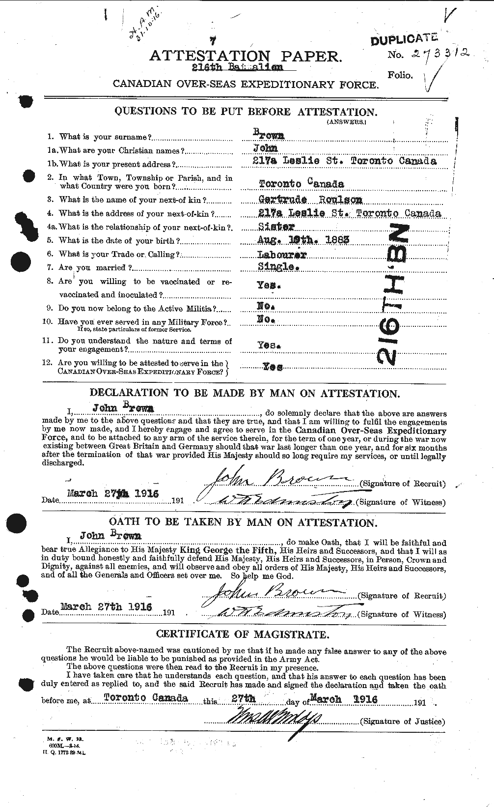 Dossiers du Personnel de la Première Guerre mondiale - CEC 264550a