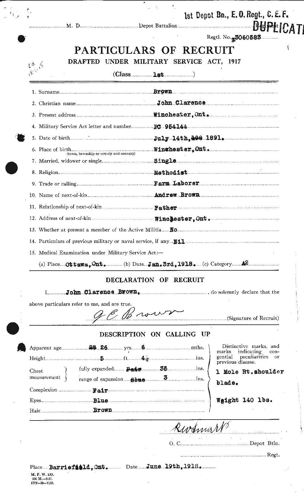 Dossiers du Personnel de la Première Guerre mondiale - CEC 264579a