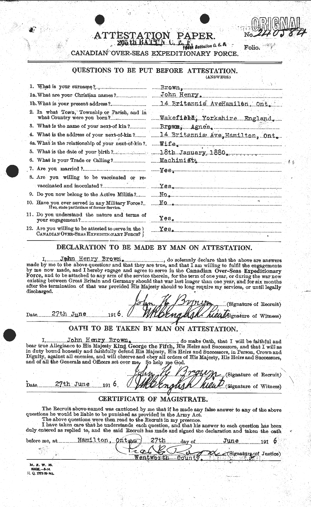 Dossiers du Personnel de la Première Guerre mondiale - CEC 264618a
