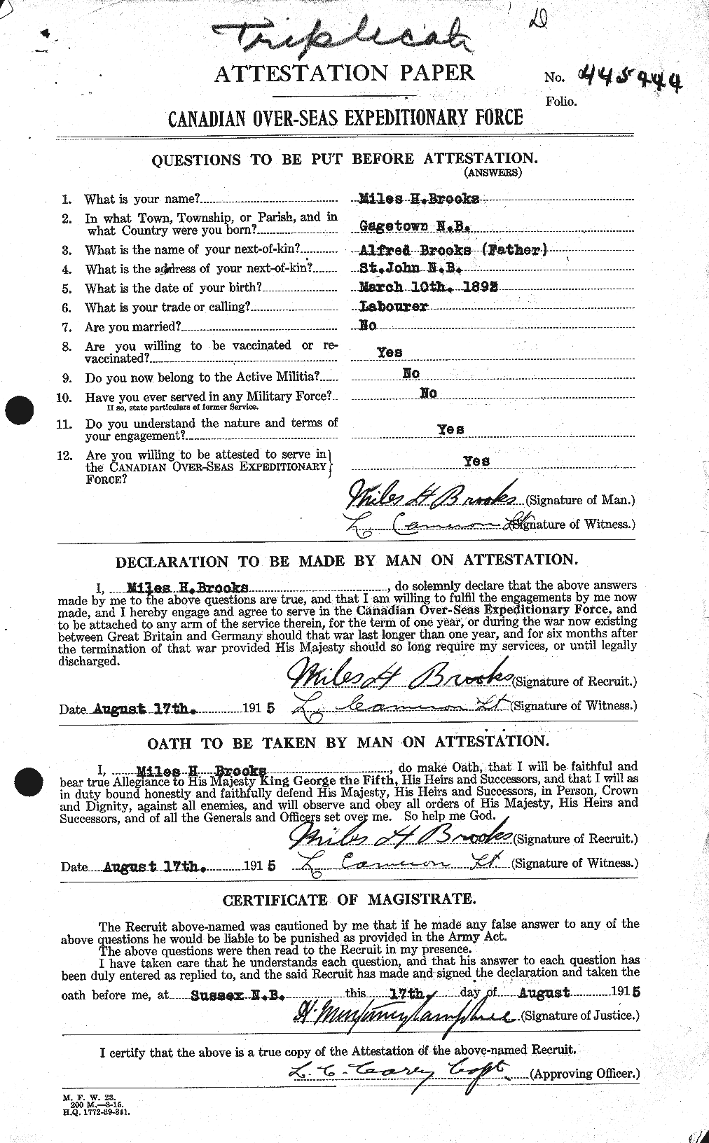 Dossiers du Personnel de la Première Guerre mondiale - CEC 264645a