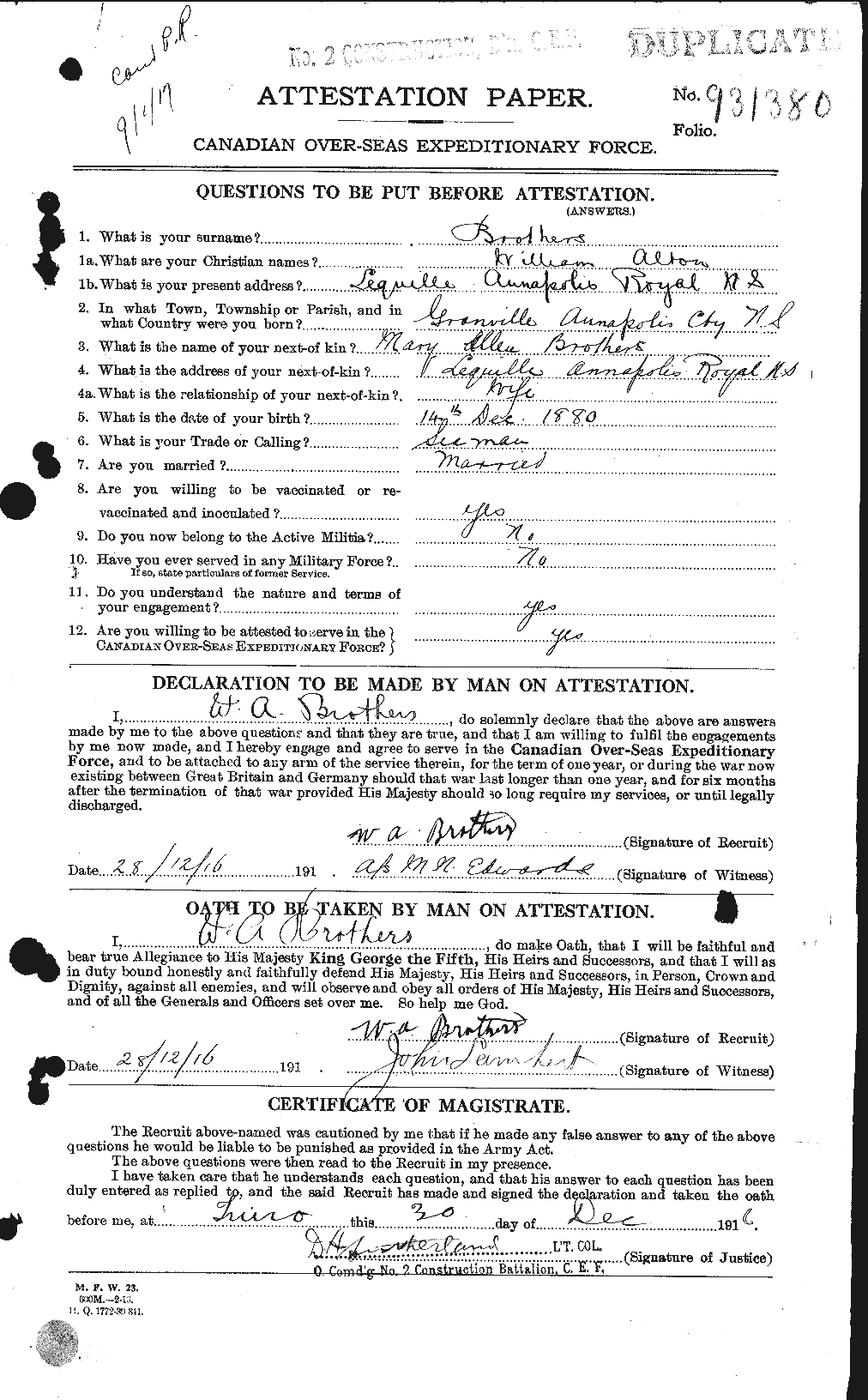 Dossiers du Personnel de la Première Guerre mondiale - CEC 264972a