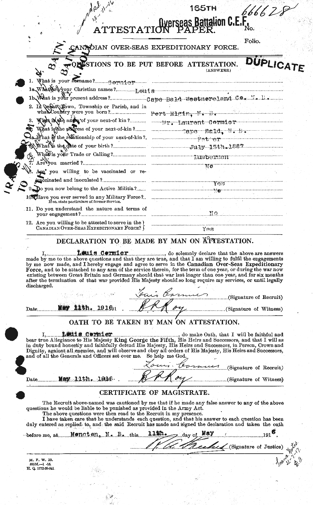 Dossiers du Personnel de la Première Guerre mondiale - CEC 265051a