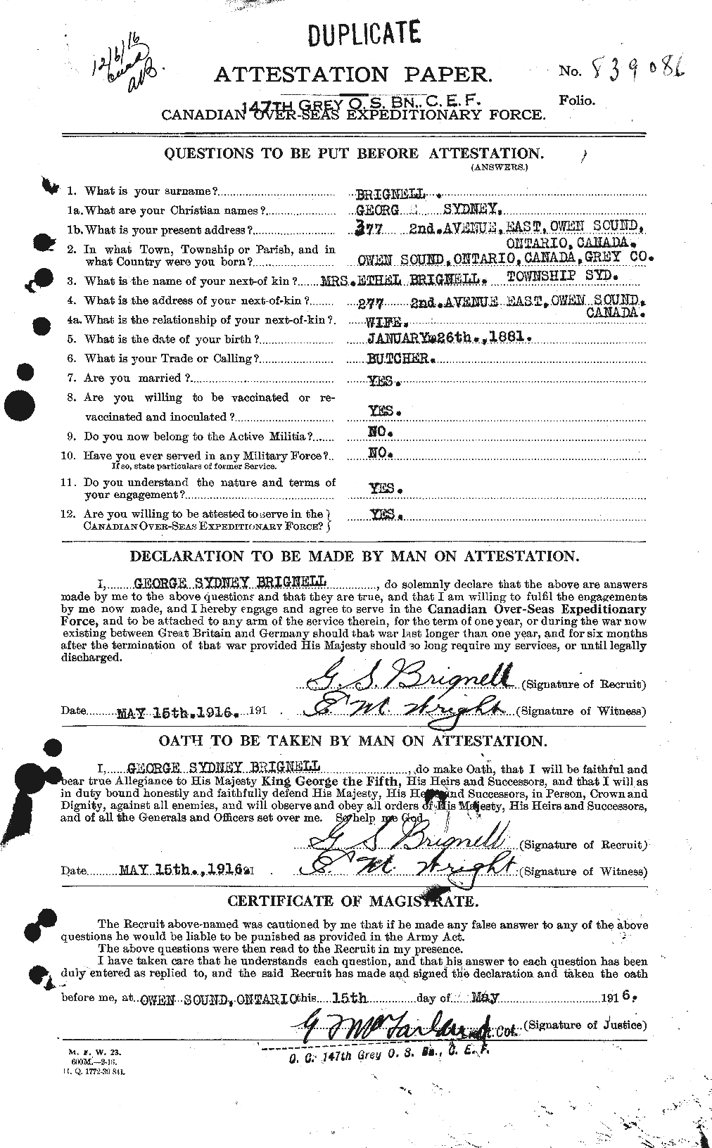 Dossiers du Personnel de la Première Guerre mondiale - CEC 265139a