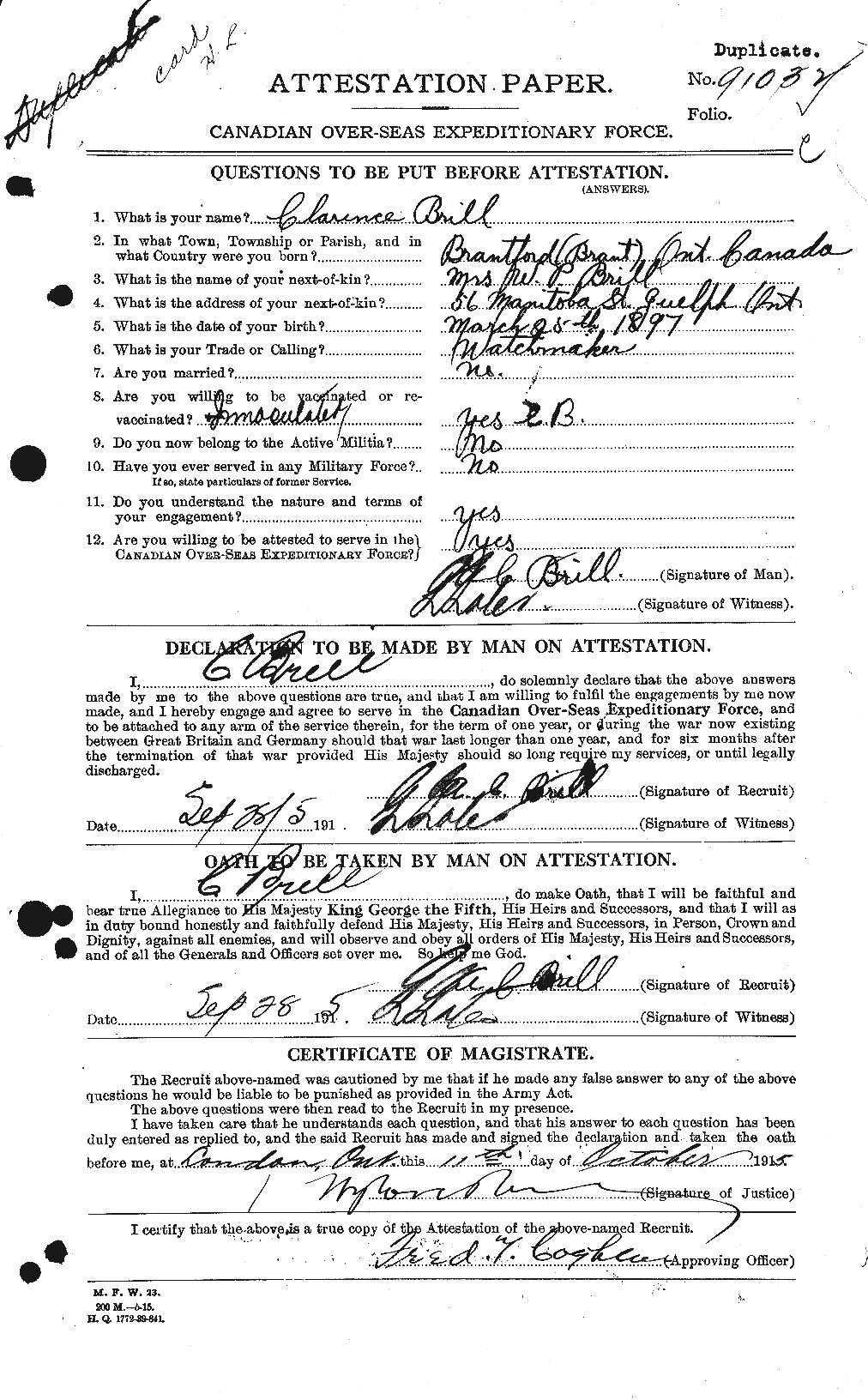 Dossiers du Personnel de la Première Guerre mondiale - CEC 265147a