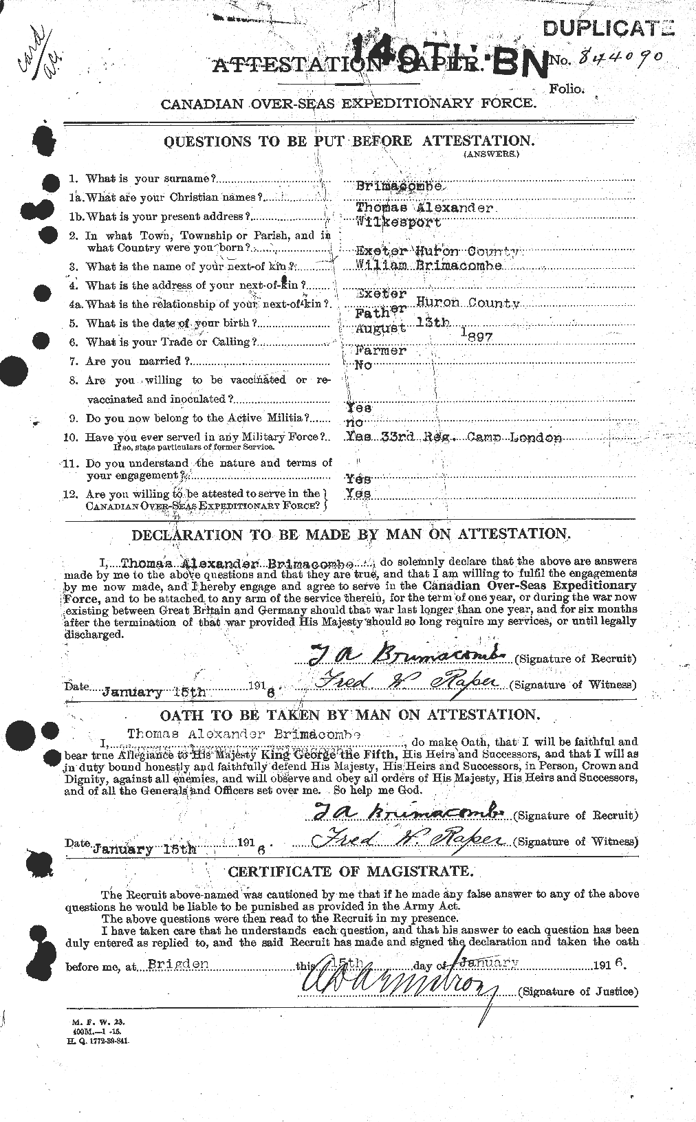 Dossiers du Personnel de la Première Guerre mondiale - CEC 265186a