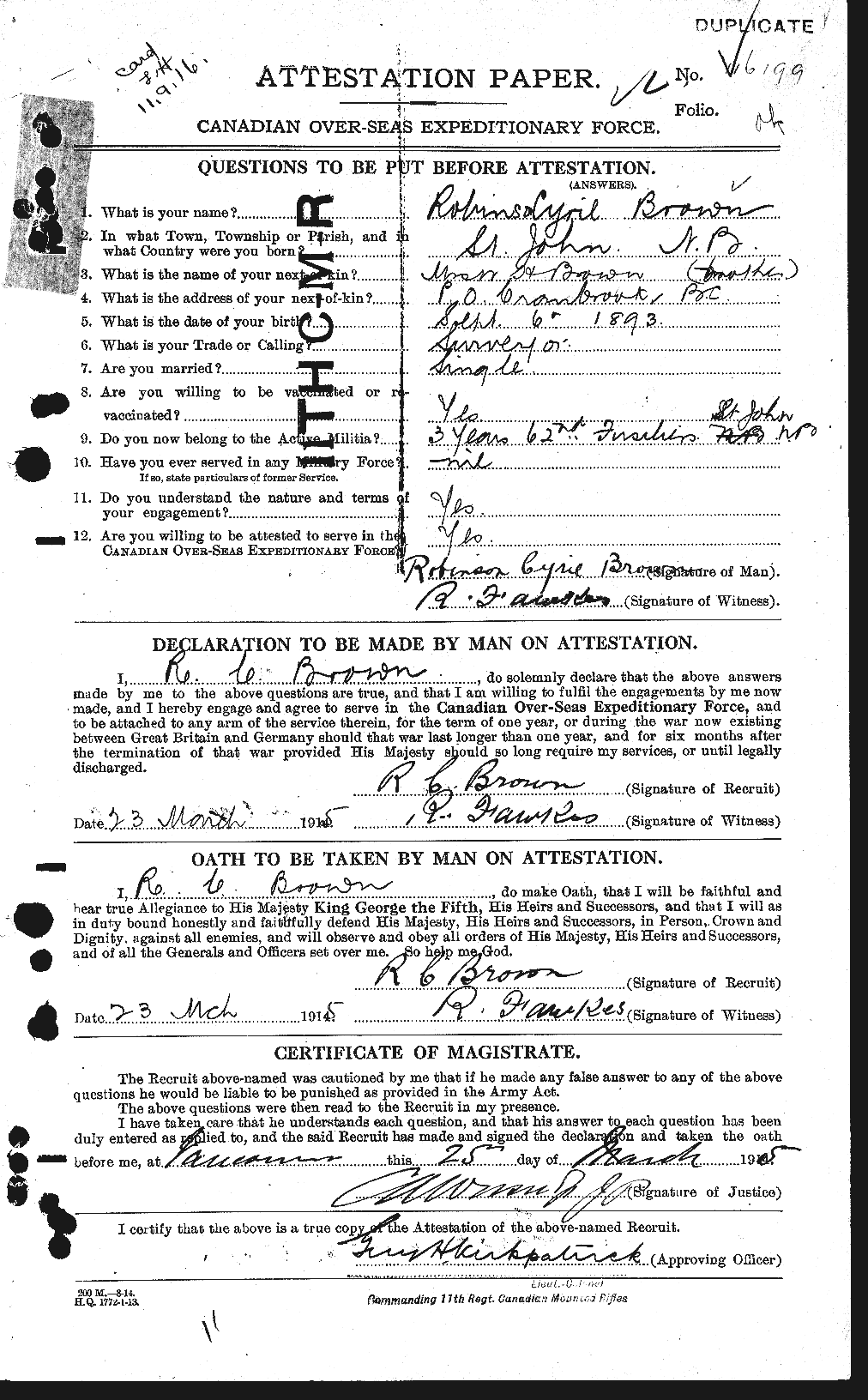 Dossiers du Personnel de la Première Guerre mondiale - CEC 265284a