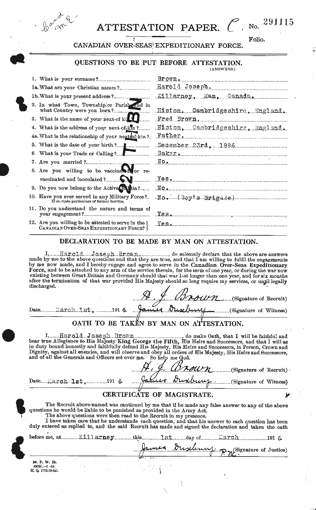 Dossiers du Personnel de la Première Guerre mondiale - CEC 265364a