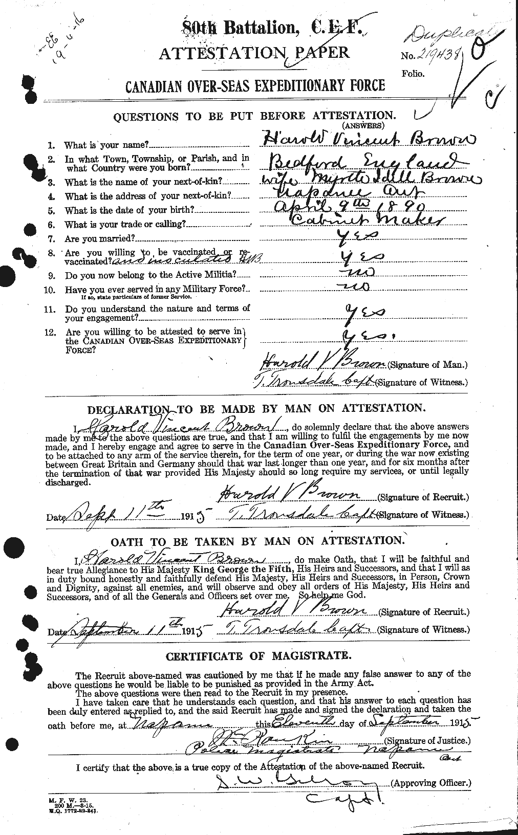 Dossiers du Personnel de la Première Guerre mondiale - CEC 265375a