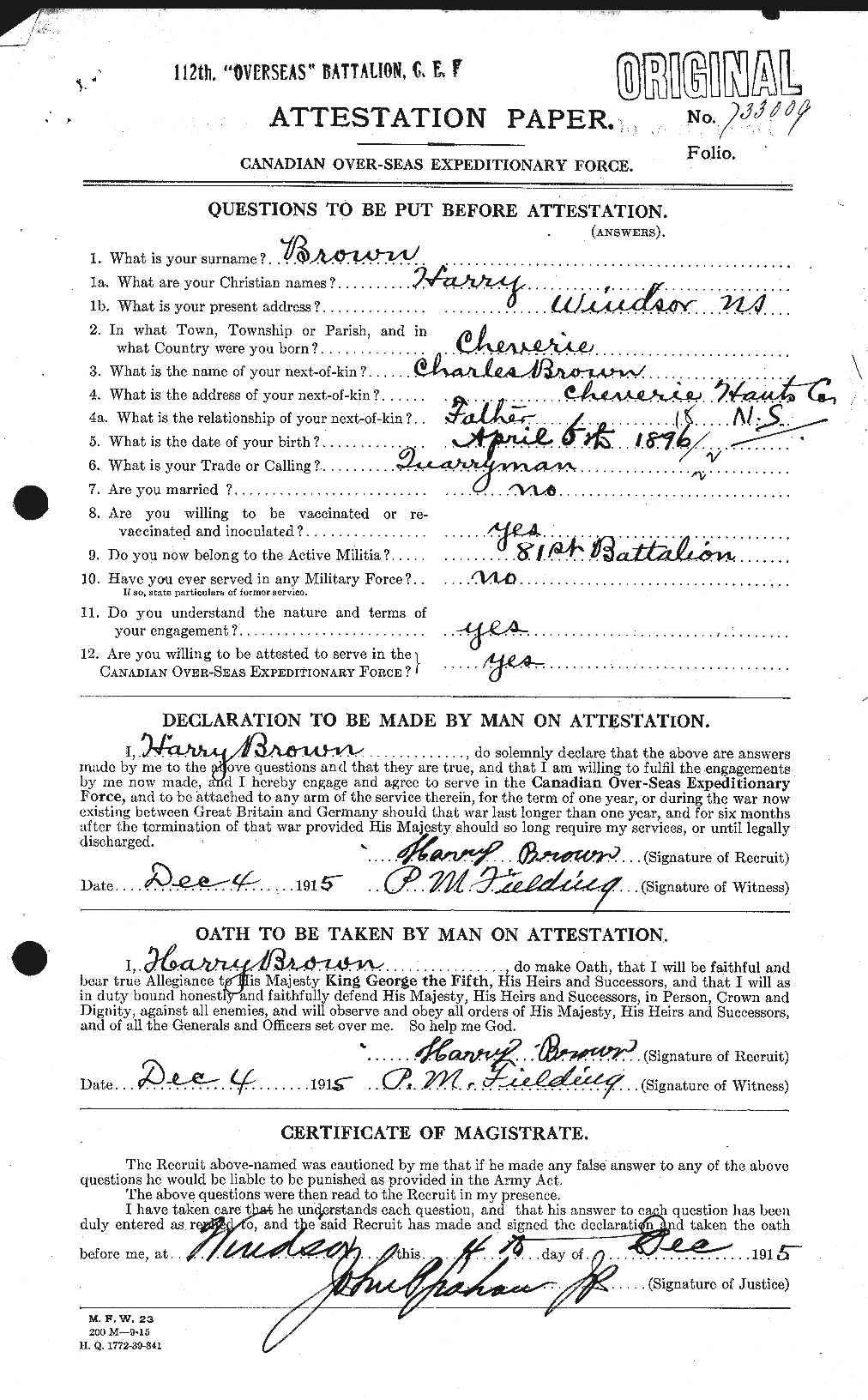 Dossiers du Personnel de la Première Guerre mondiale - CEC 265384a