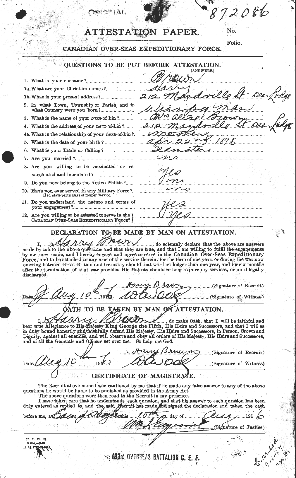 Personnel Records of the First World War - CEF 265391a