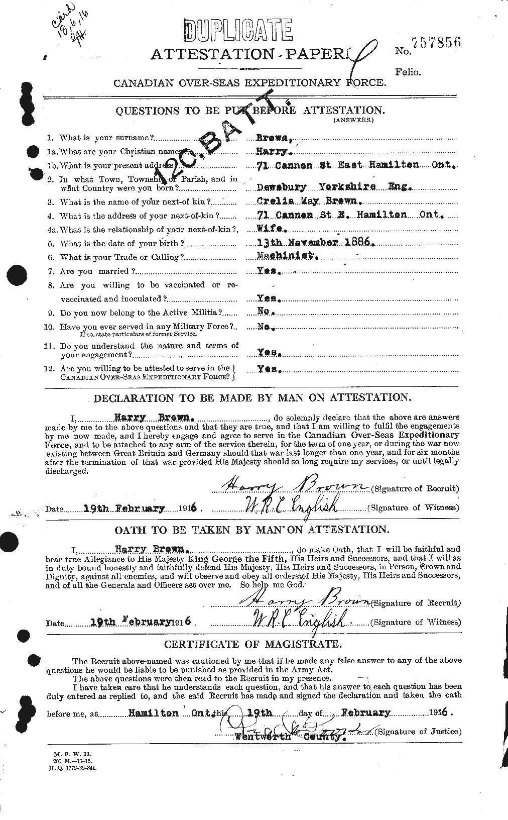Dossiers du Personnel de la Première Guerre mondiale - CEC 265396a