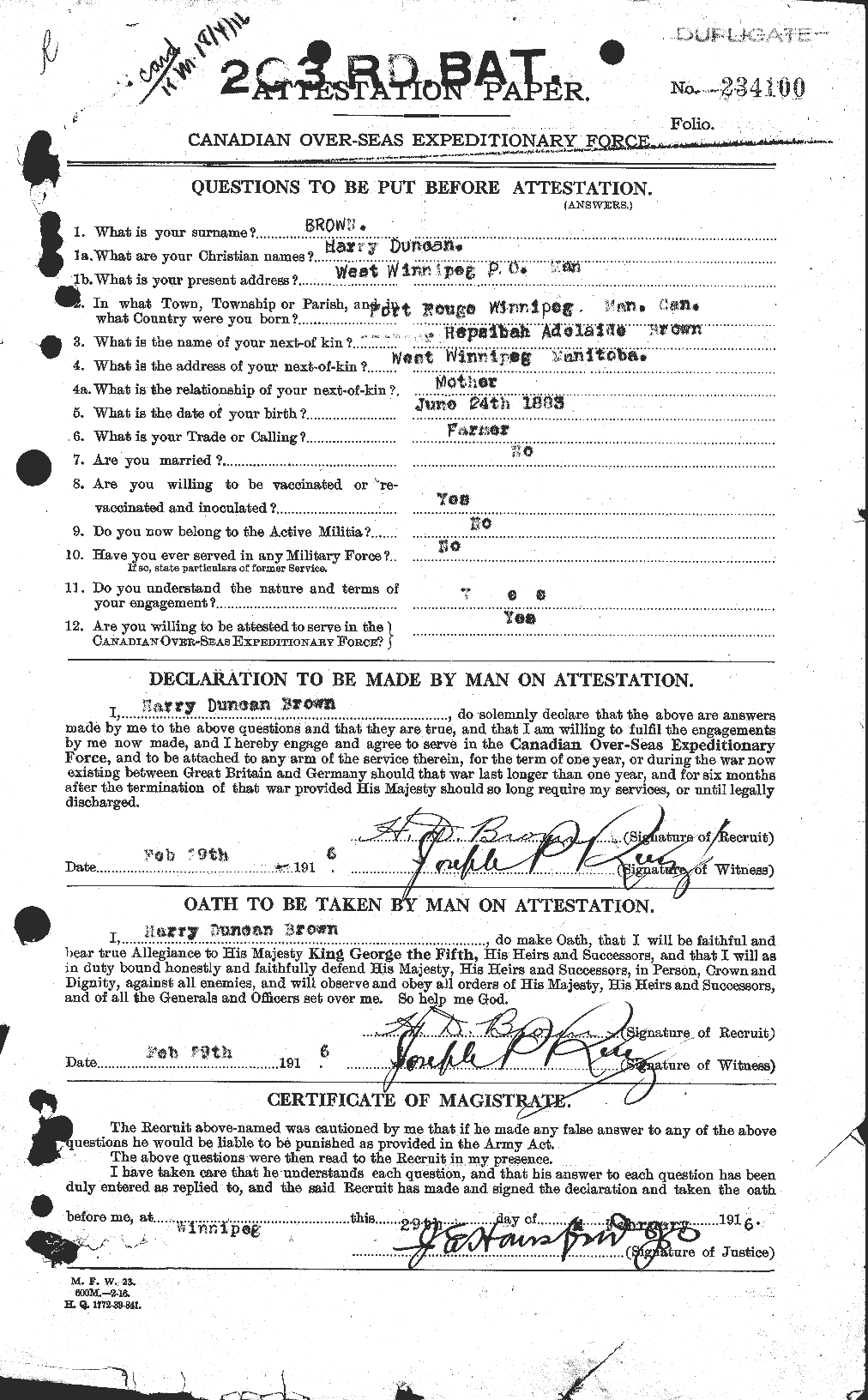 Dossiers du Personnel de la Première Guerre mondiale - CEC 265451a