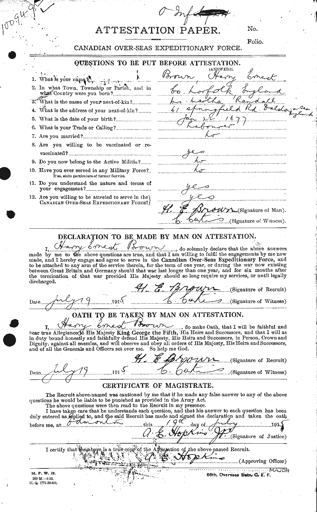 Dossiers du Personnel de la Première Guerre mondiale - CEC 265453a