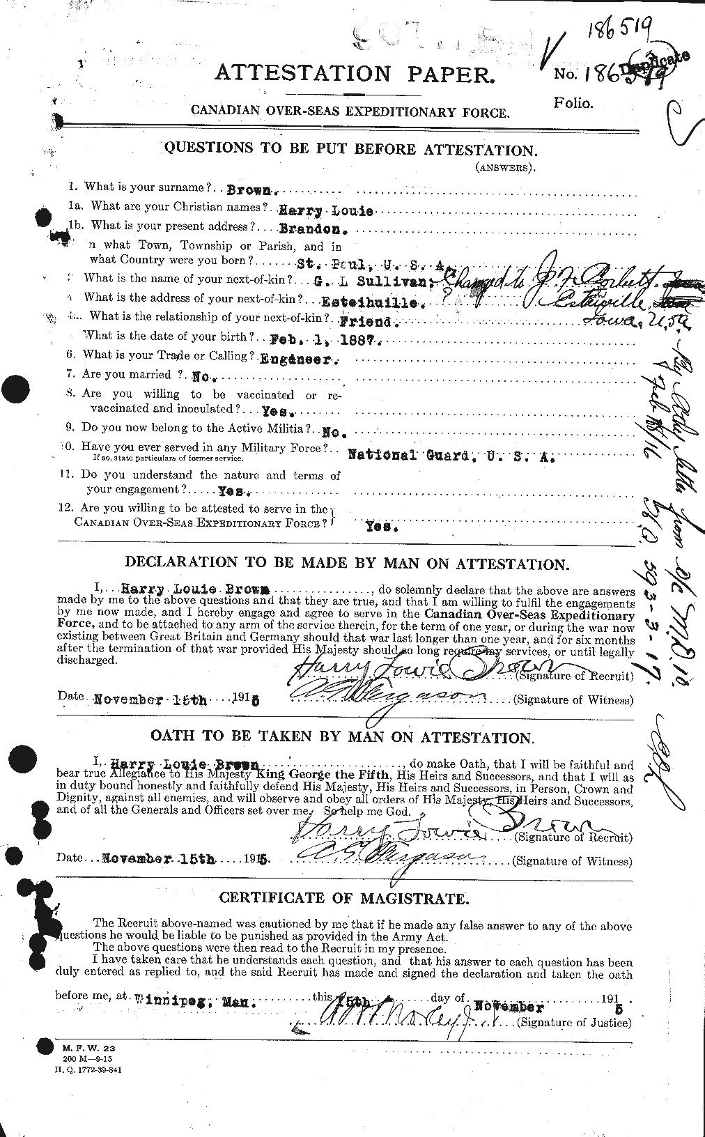 Dossiers du Personnel de la Première Guerre mondiale - CEC 265459a