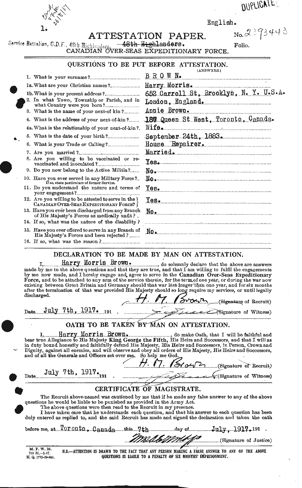 Dossiers du Personnel de la Première Guerre mondiale - CEC 265462a
