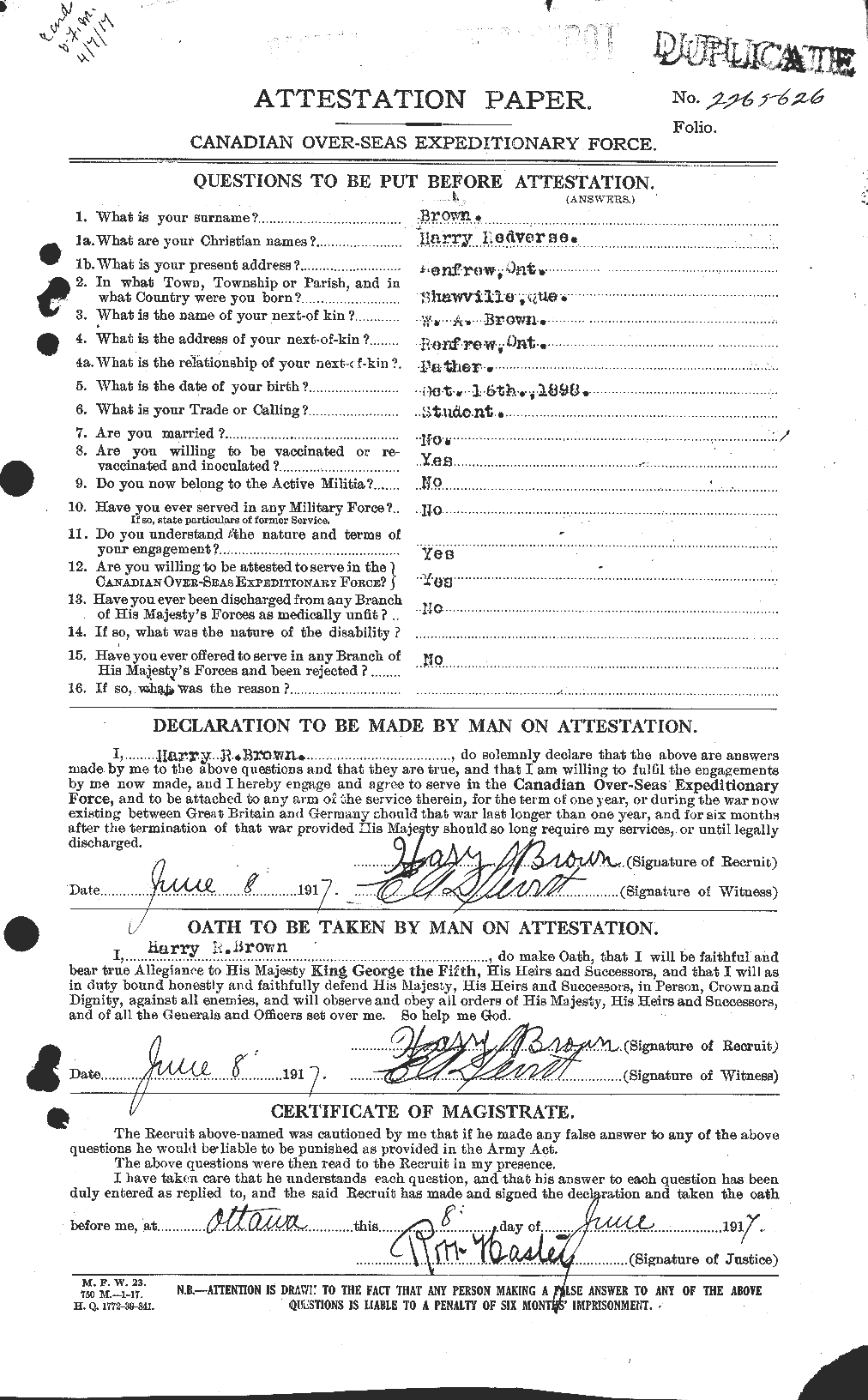 Personnel Records of the First World War - CEF 265466a