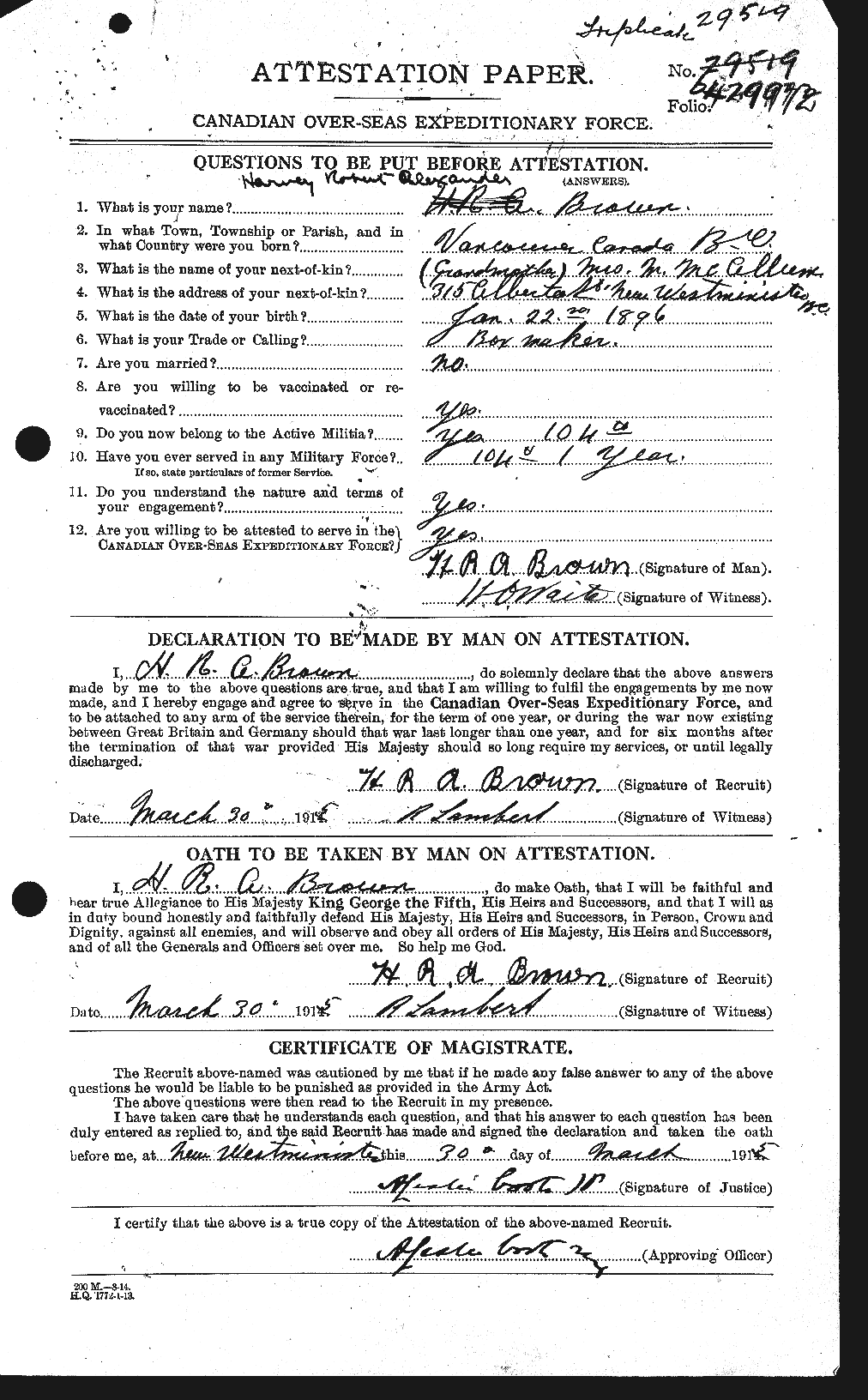 Dossiers du Personnel de la Première Guerre mondiale - CEC 265491a